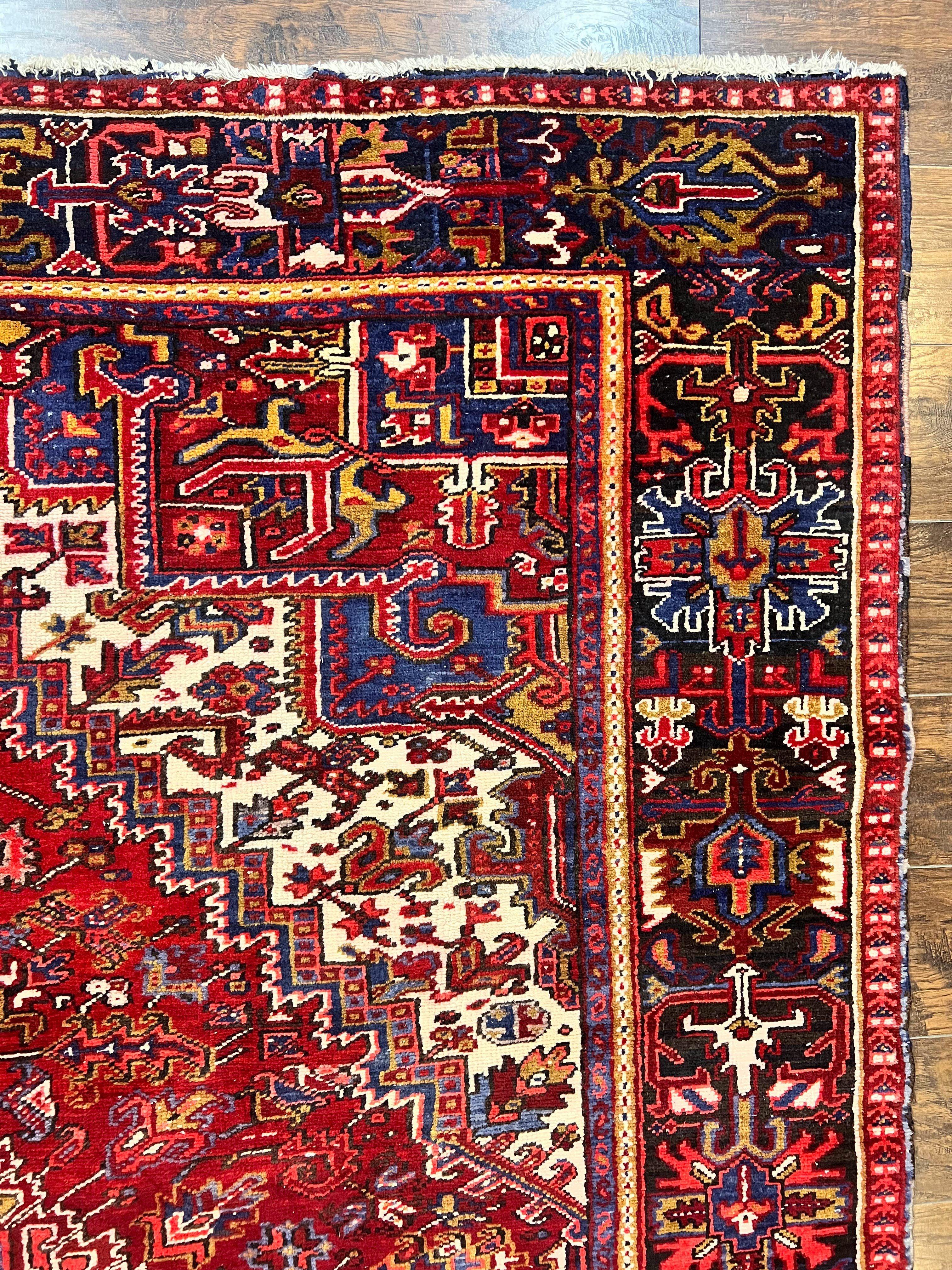 Persian Heriz Rug 9x11 ft, Geometric Rug 9 x 11, Red Room Sized Semi Antique Vintage Wool Hand Knotted Oriental Carpet - Jewel Rugs