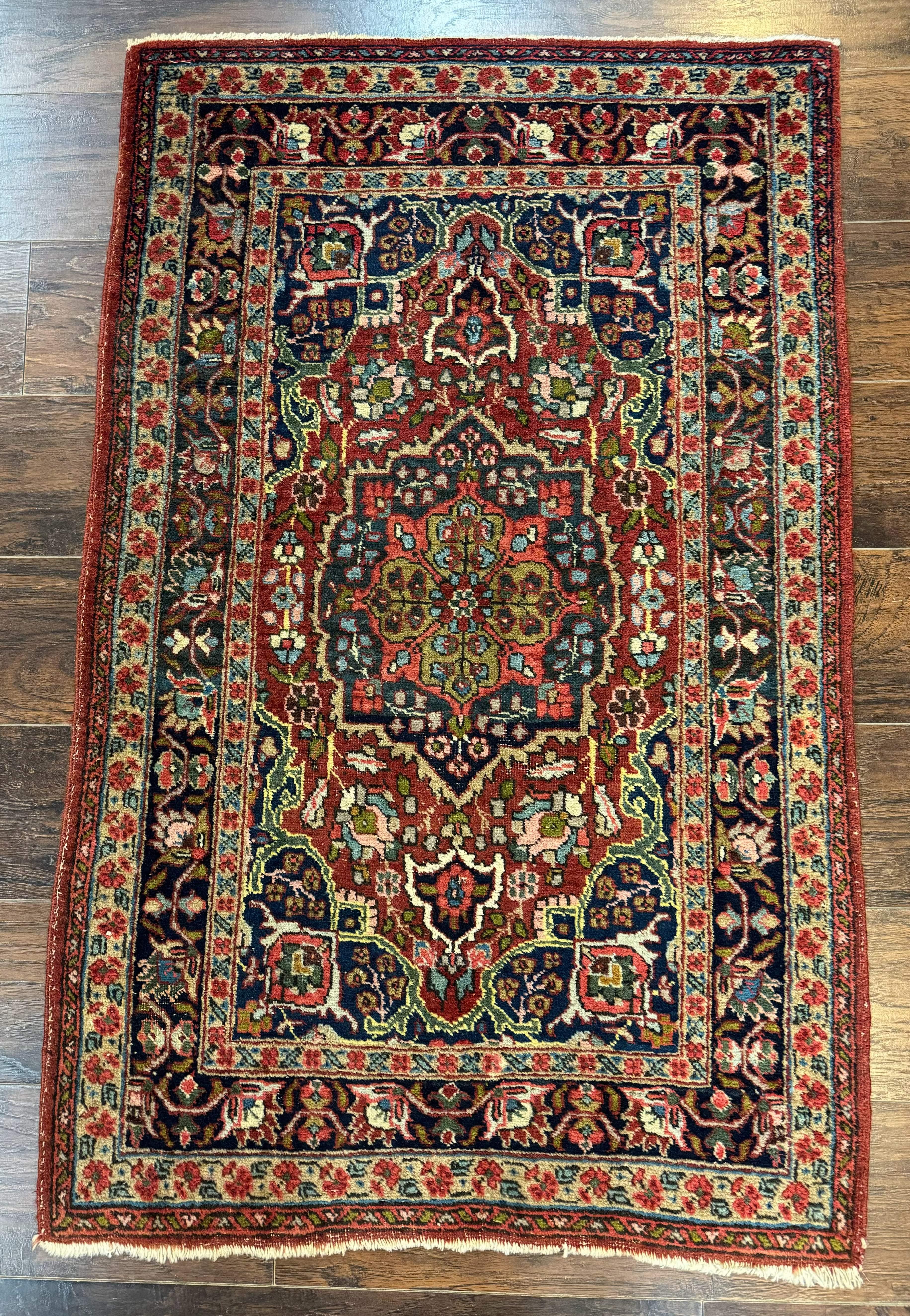 Antique Persian Tabriz Rug 3x5, Brick Red Navy Blue, Floral Medallion, Small Persian Carpet - Jewel Rugs