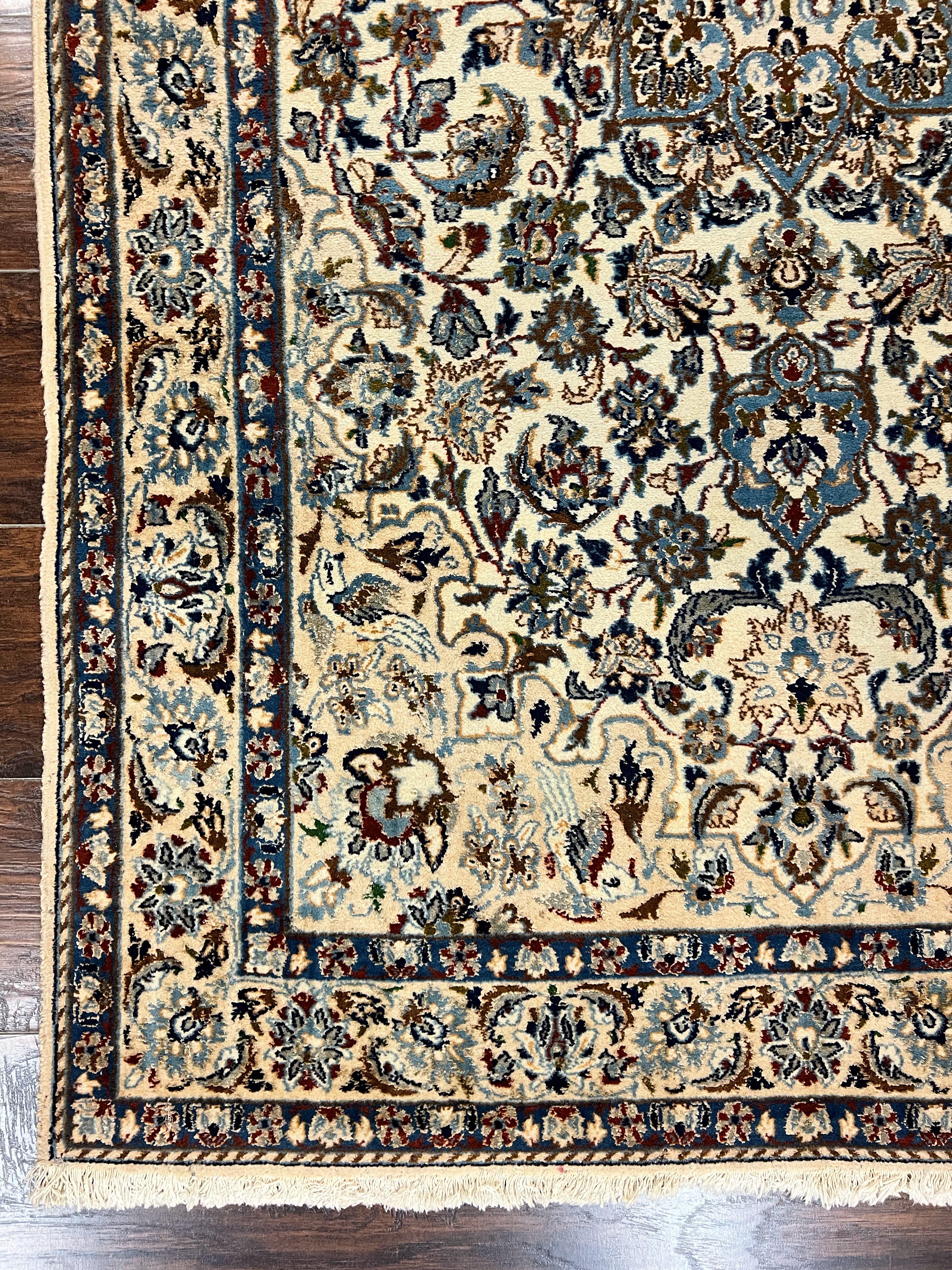 Persian Nain Rug 4x7, Floral Medallion Oriental Carpet 4 x 7 ft, Ivory Persian Rug, Handmade Hand Knotted Vintage, Wool & Silk Highlights, Birds - Jewel Rugs