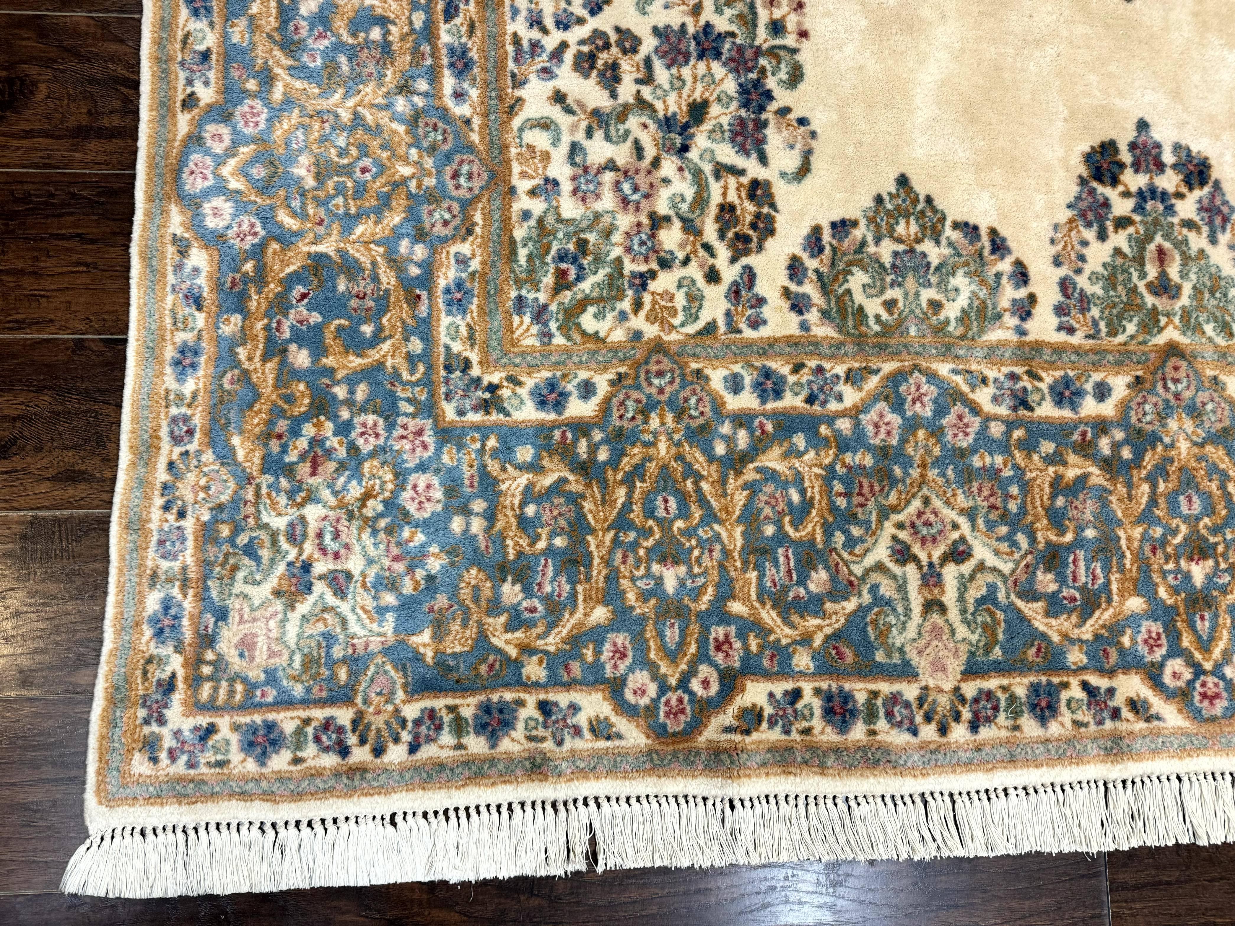 Persian Floral Kirman Rug 8x10, Ivory/Cream and Light Blue, Pastel Colors, Handmade Vintage Wool Carpet, Semi Open Field - Jewel Rugs