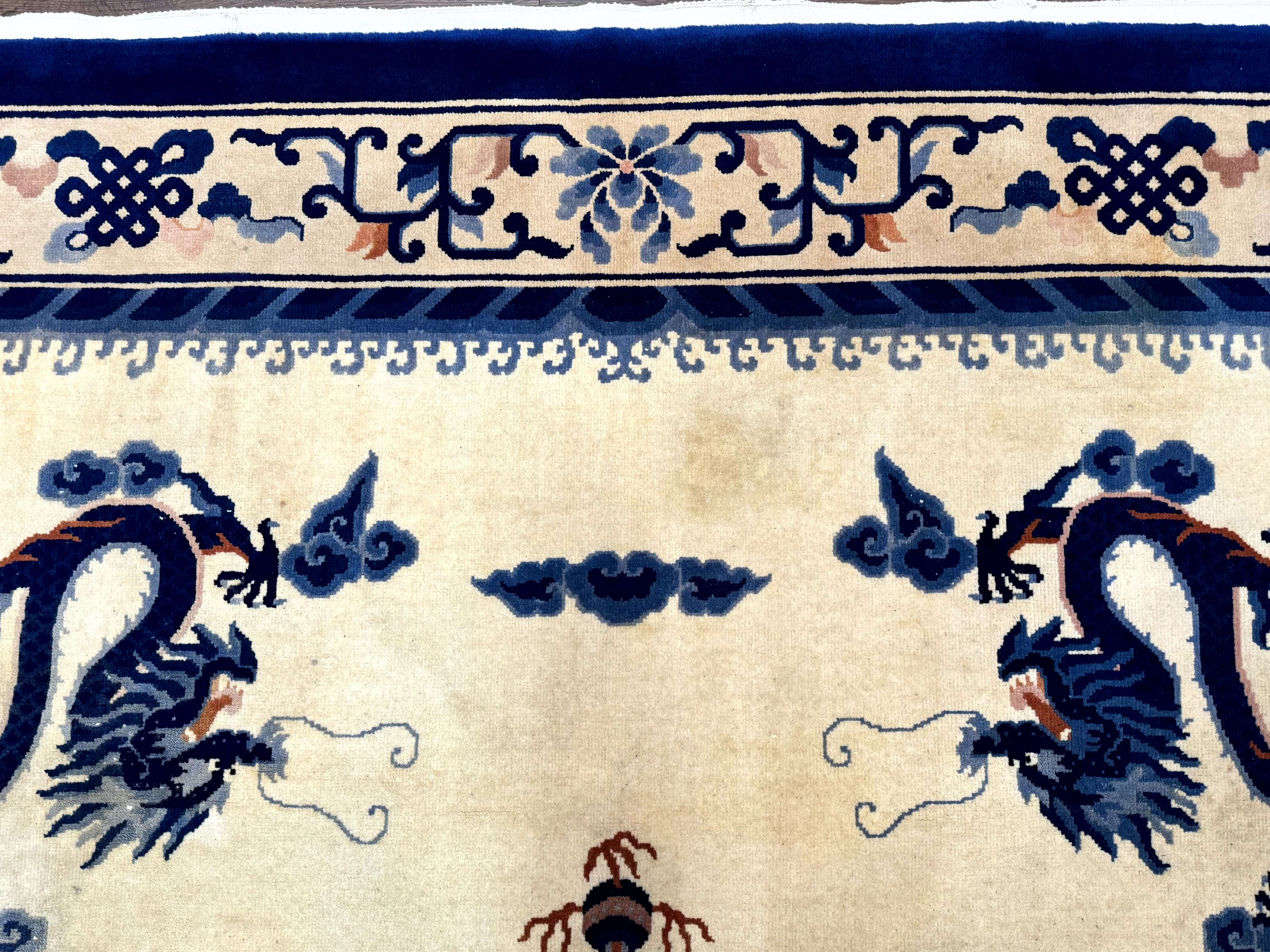 Chinese Dragon Peking Rug 8 x 11.6, Ivory and Blue, Chinese Wool Rug, Vintage - Jewel Rugs