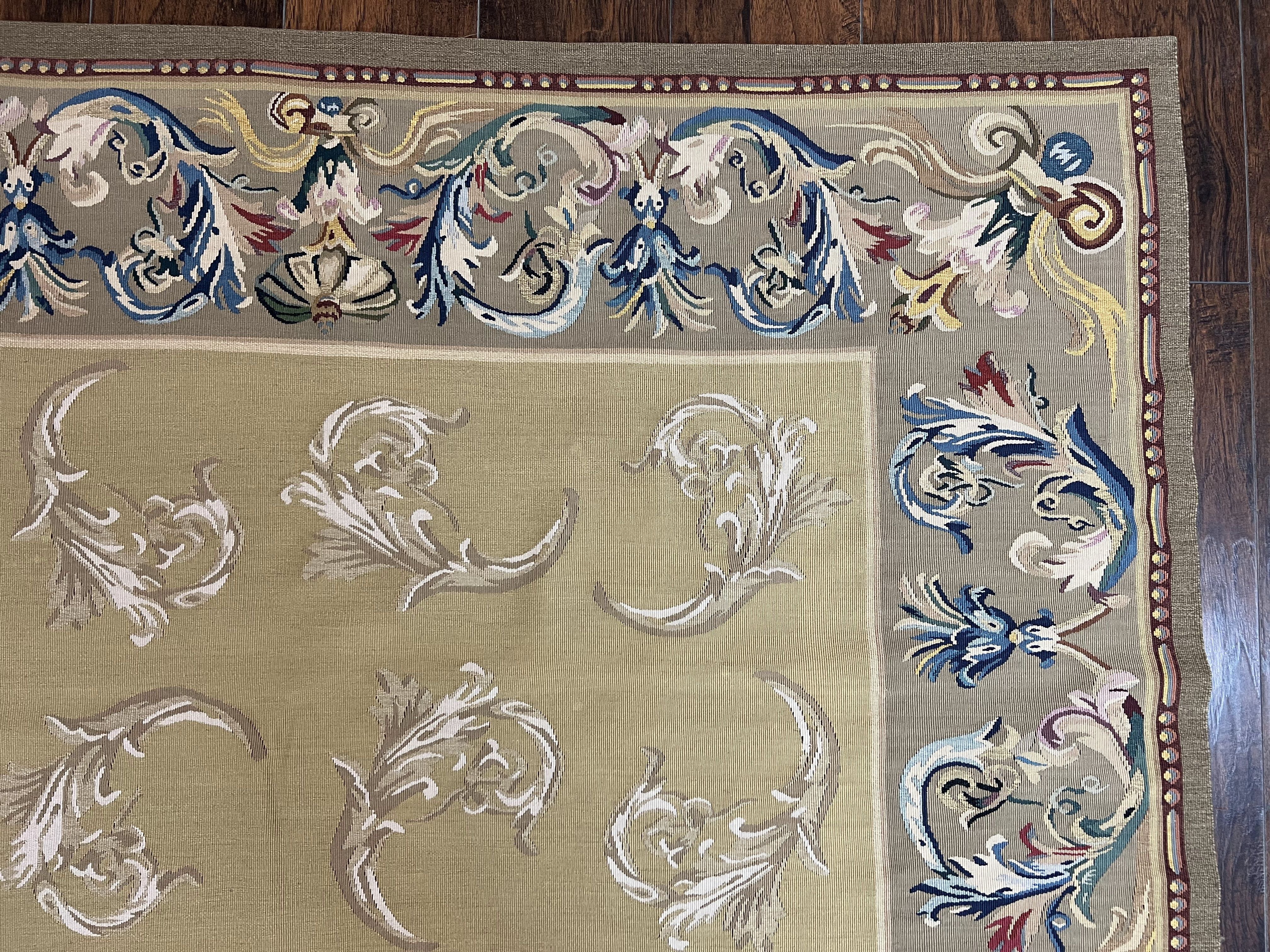 Vintage Aubusson Flatweave Area Rug 9x12, Aubusson Weave, Wool, Beige, Handmade, French European Design, 8'9" x 11'9" - Jewel Rugs