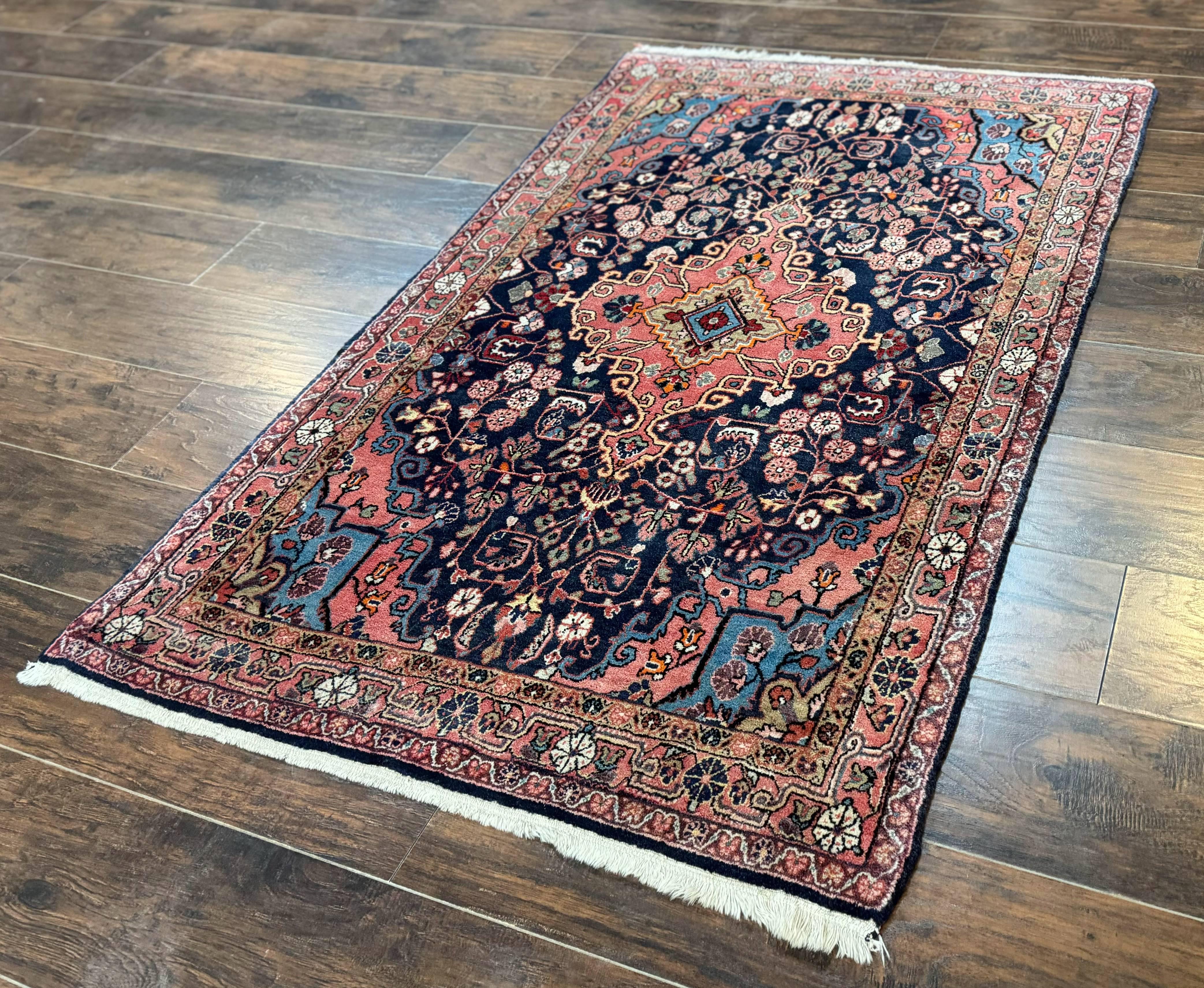 Persian Rug 3x5, Jozan Sarouk Rug, Navy Blue and Coral, Medallion Rug, Semi Antique - Jewel Rugs