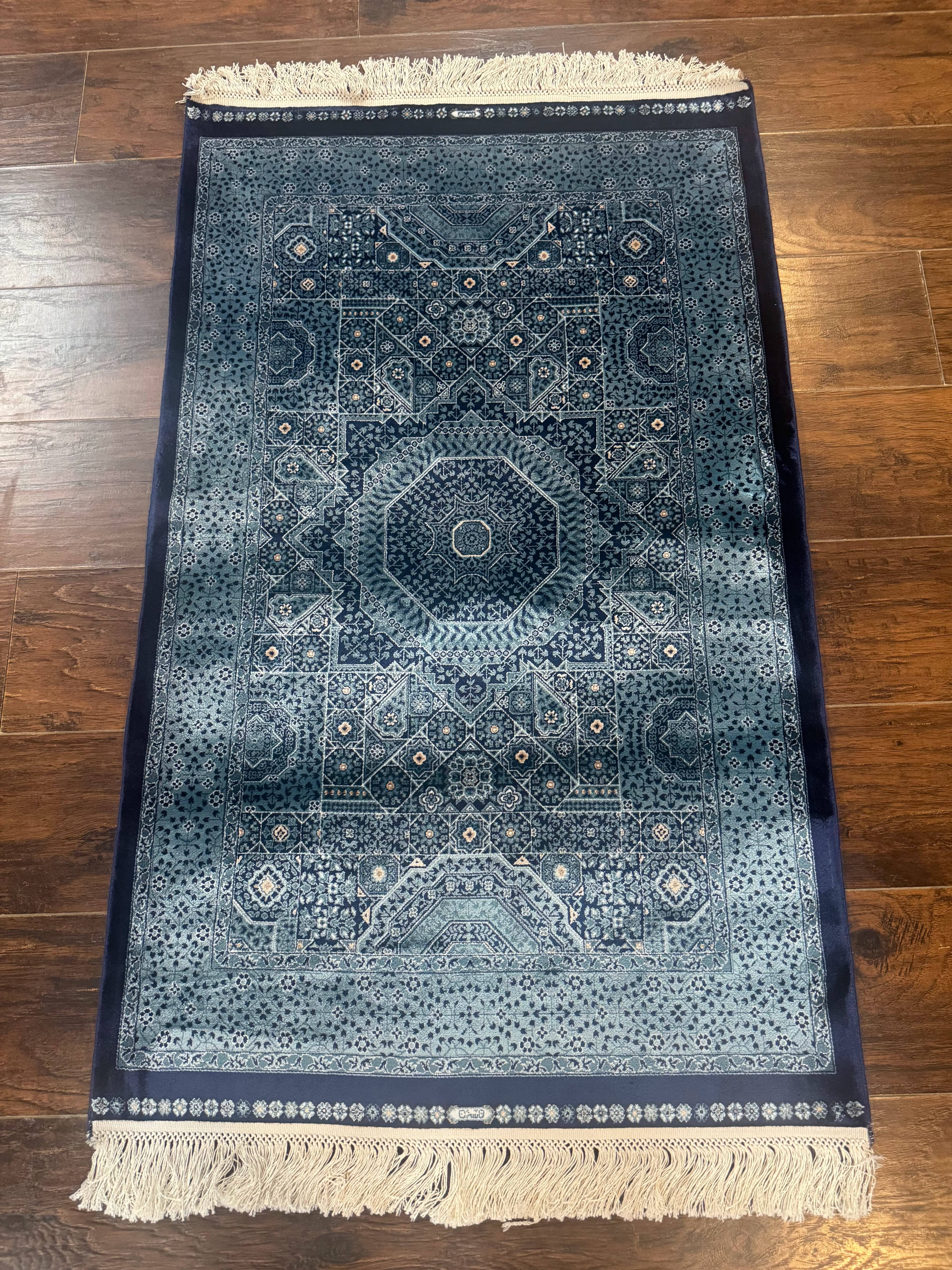 Blue Turkish Silk Hereke Rug 2.6 x 4, Mamluk Red, Blue, Bamboo Silk - Jewel Rugs