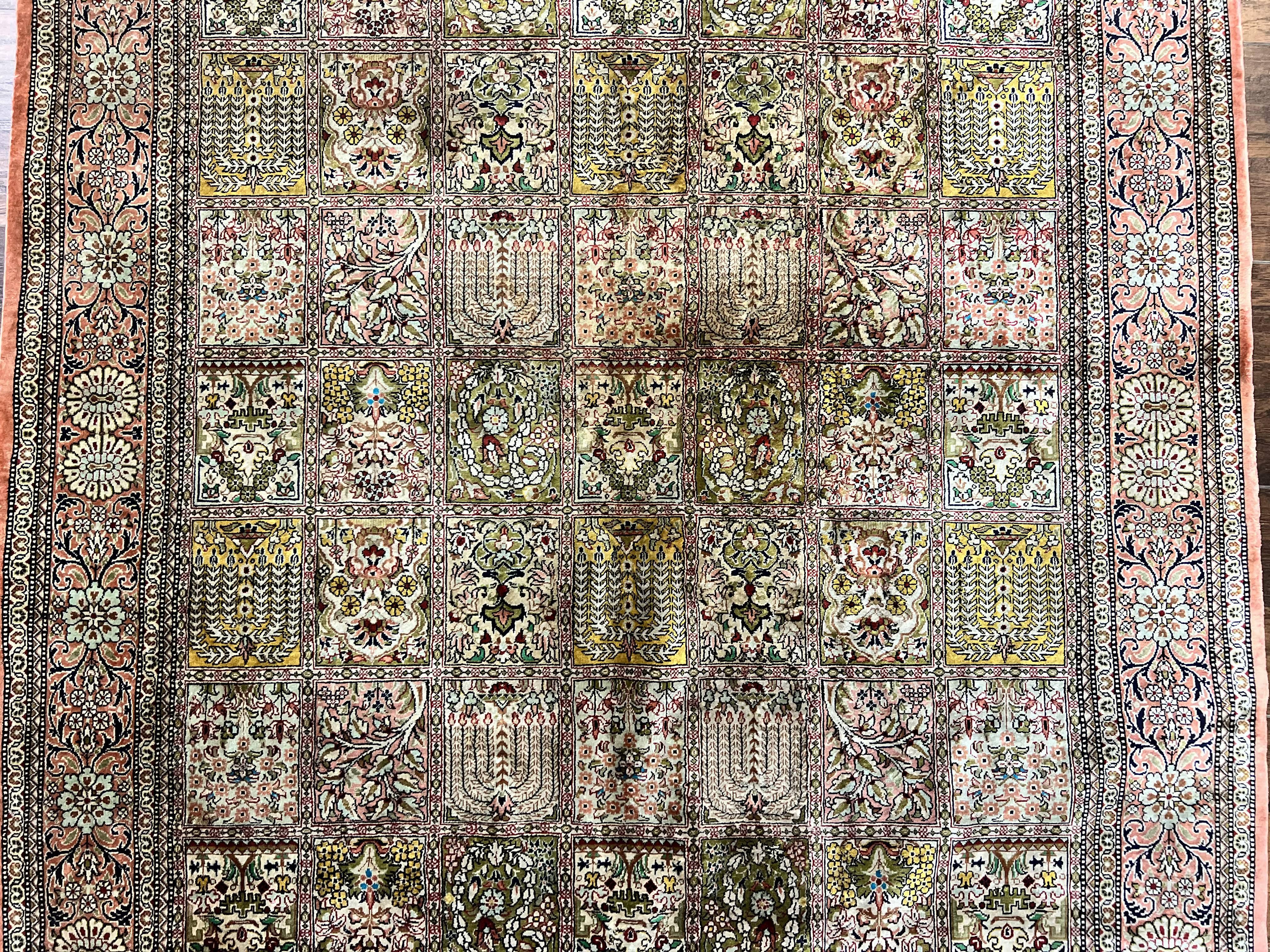 Magnificent Persian Silk Rug 3.7 x 5, Persian Qum Rug, Panel Design, Kheshti Garden, Extremely Fine 650 KPSI - 70 Raj, Hand Knotted, Vintage, Multicolor - Jewel Rugs