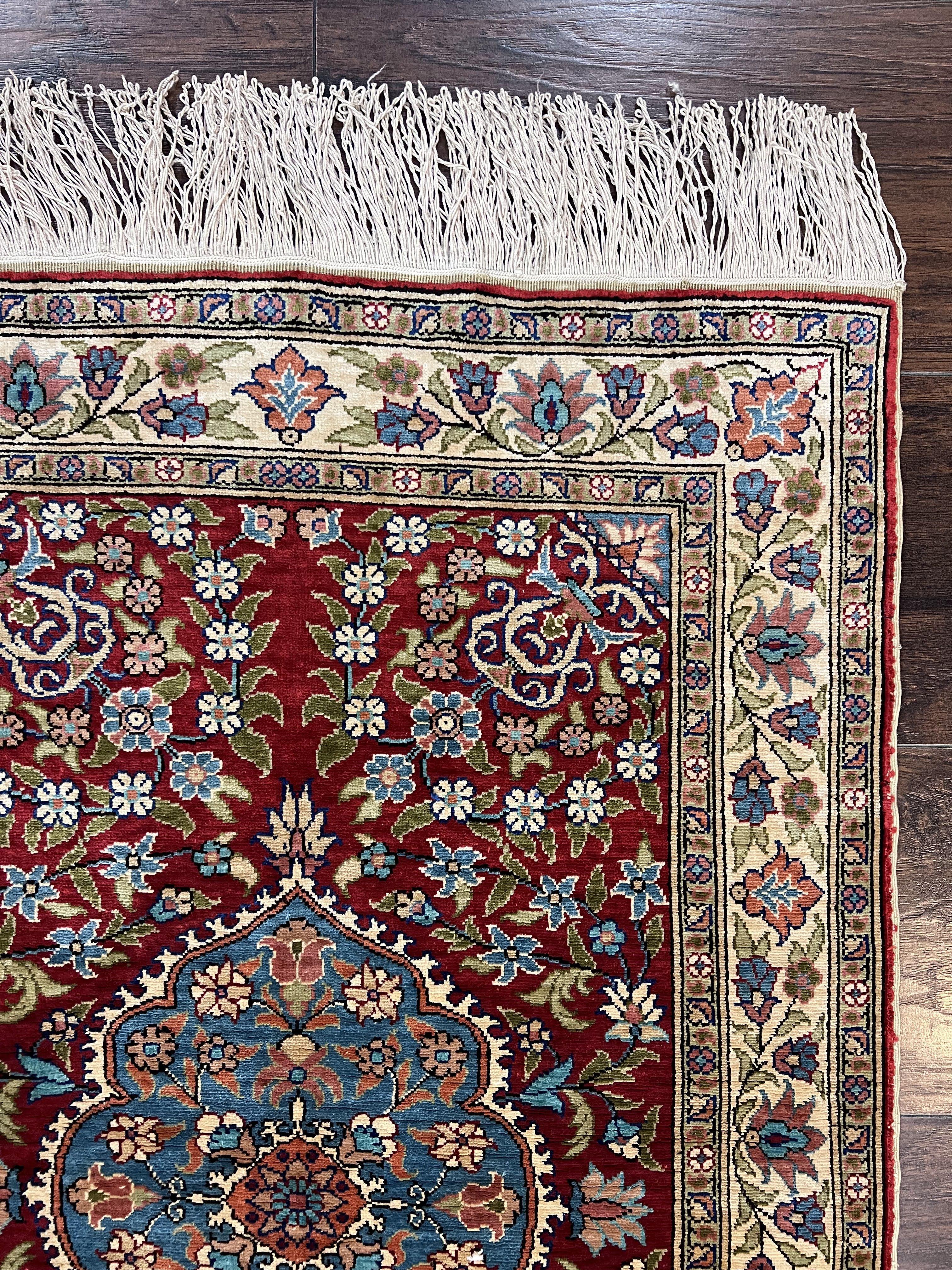 Silk Turkish Kayseri Rug 2x3, Small All Silk Turkish Carpet, Red and Light Blue, Very Fine Hand Knotted Semi Antique Vintage Handmade Rug - Jewel Rugs