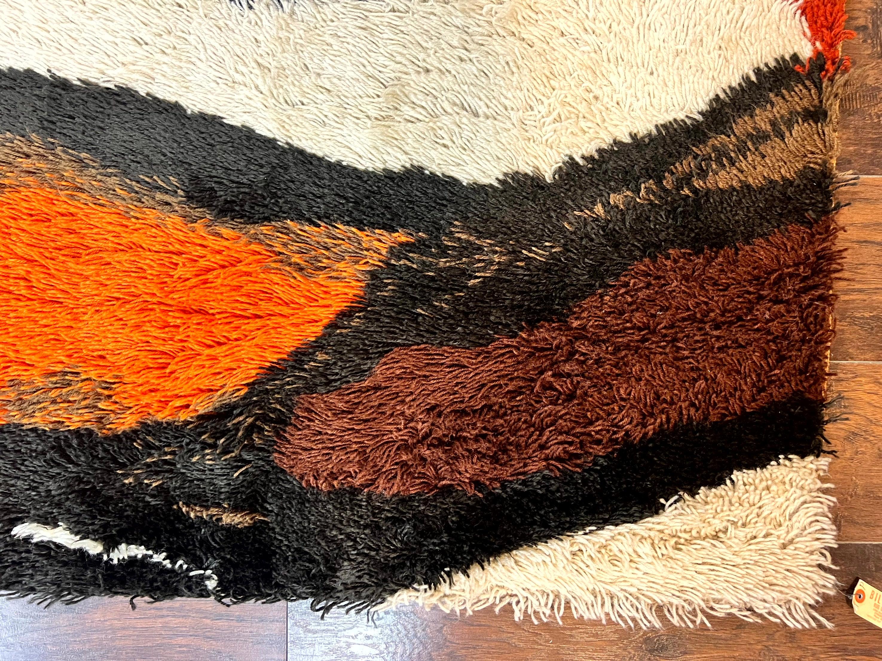 Danish Rya Rug 4x6, Mid Century Modern Abstract EGE Rya Carpet, Vintage Retro Shag Rug, Orange Brown Ivory Black - Jewel Rugs
