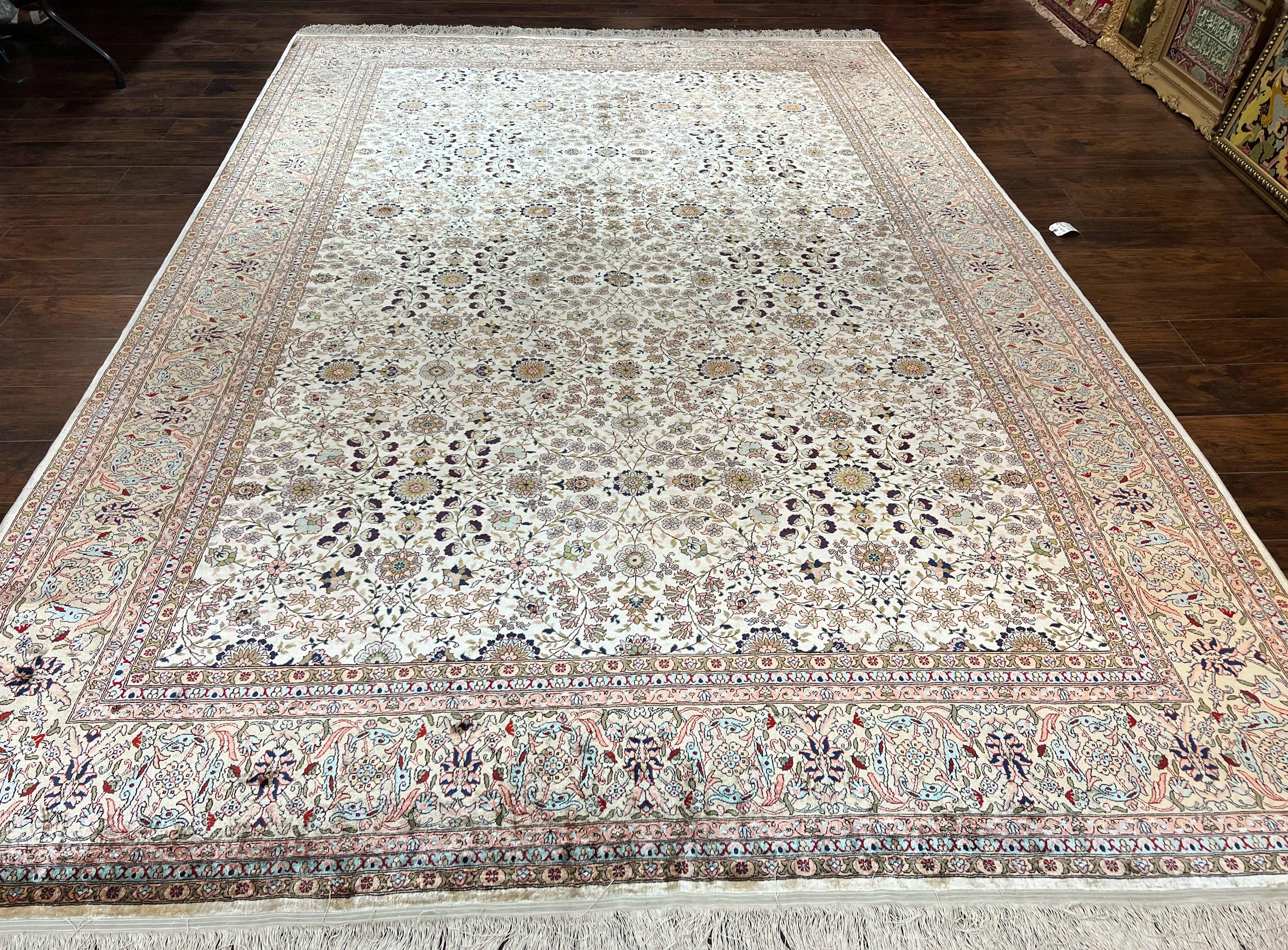 Wonderful Silk Hereke Rug 8x12, Silk Pile on Silk Foundation, Ivory/Cream, Floral Pattern, Handmade, Vintage - Jewel Rugs