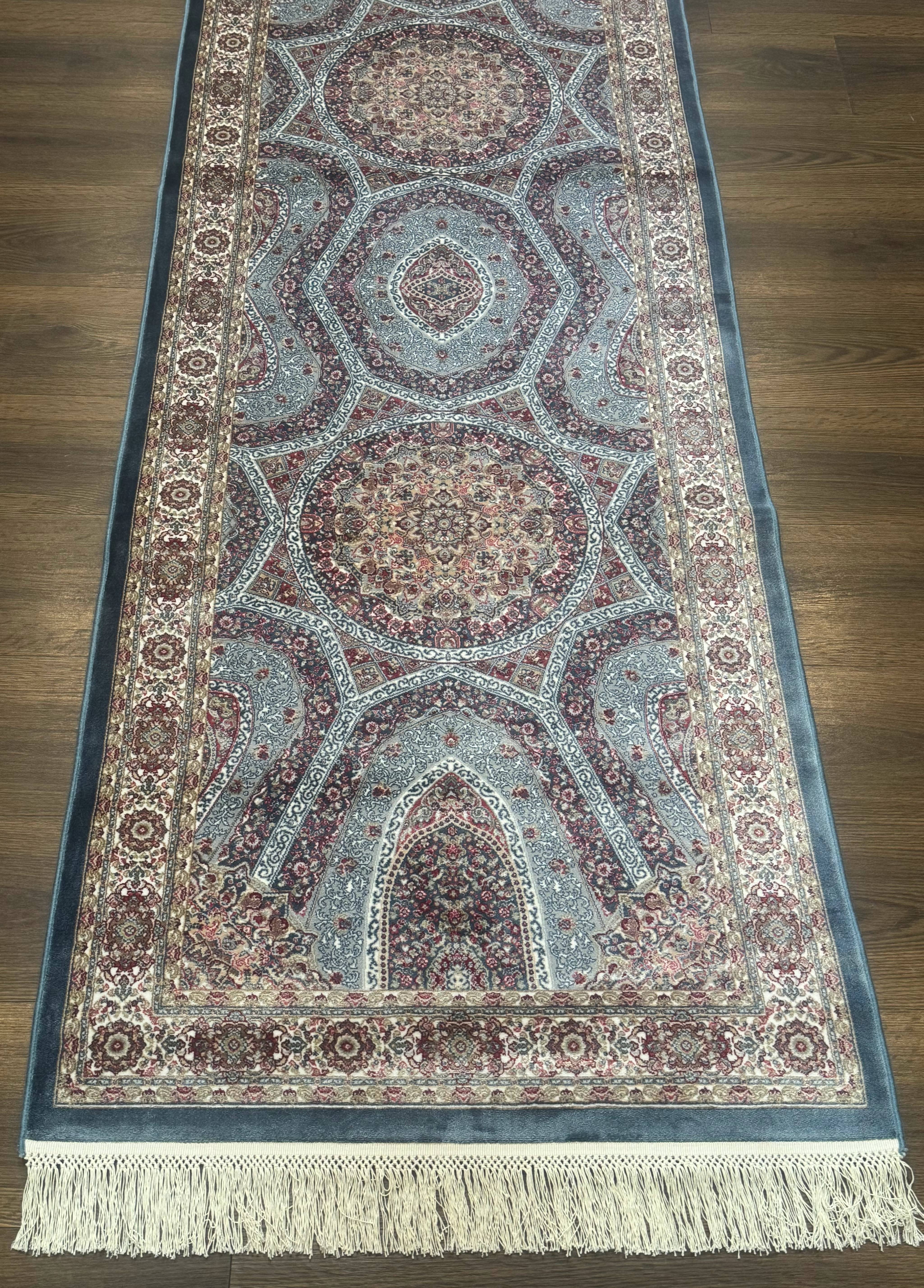 Turkish Silk Runner Rug 2.6 x 10, Light Blue Carpet, Bamboo Silk, New - Jewel Rugs