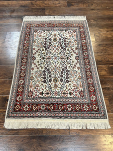 Turkish Hereke Rug 3x5, Tree of Life Persian Vase Pattern, Floral Design, Ivory and Red, Hand Knotted Small Vintage Wool Oriental Carpet