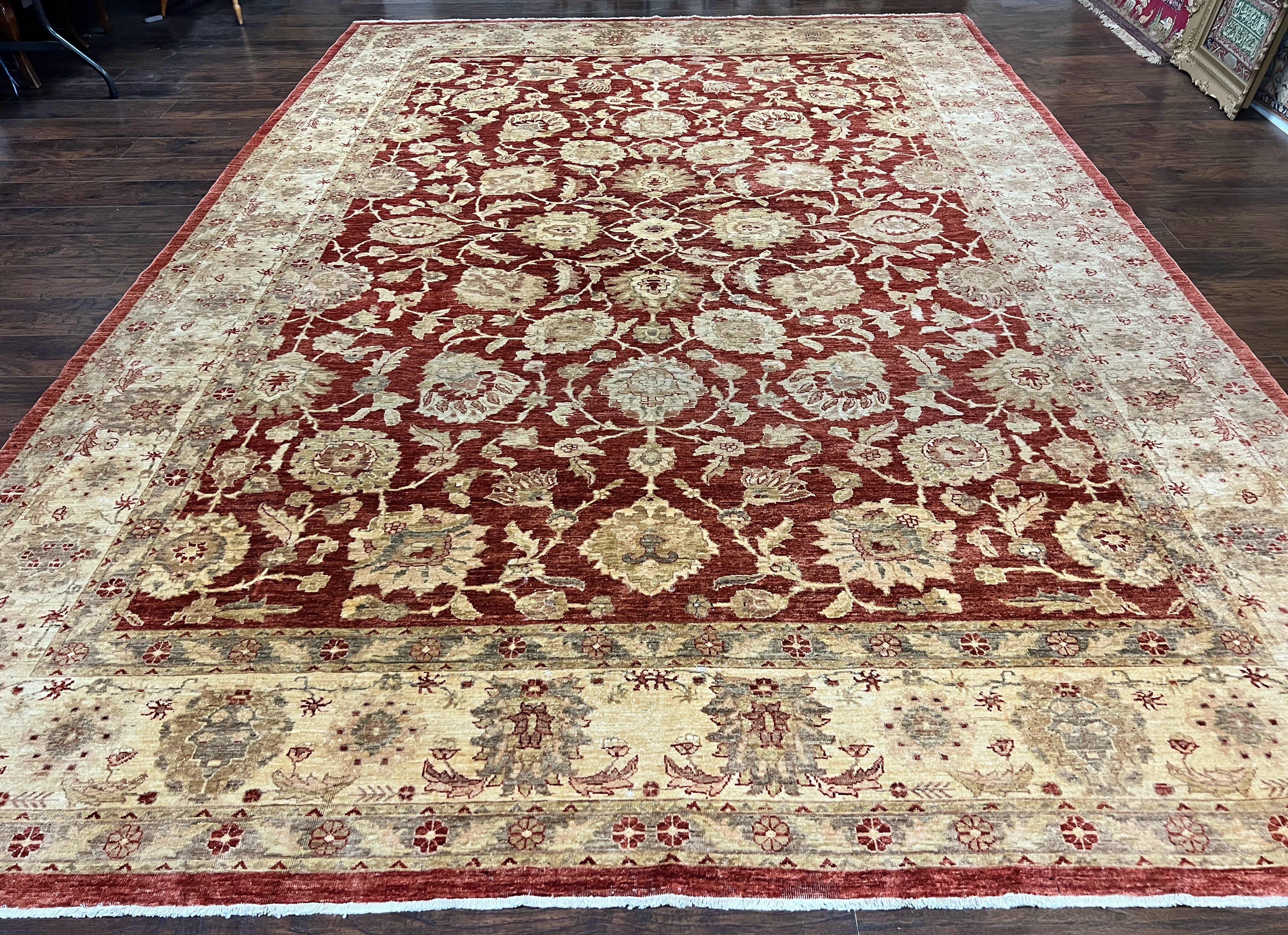 Pak Persian Rug 10x14, Sultanabad Mahal Peshawar Chobi Carpet, Large Vintage Wool Oriental Rug, Maroon & Beige, Floral Allover, Handmade - Jewel Rugs