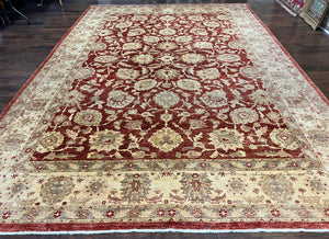 Pak Persian Rug 10x14, Sultanabad Mahal Peshawar Chobi Carpet, Large Vintage Wool Oriental Rug, Maroon & Beige, Floral Allover, Handmade