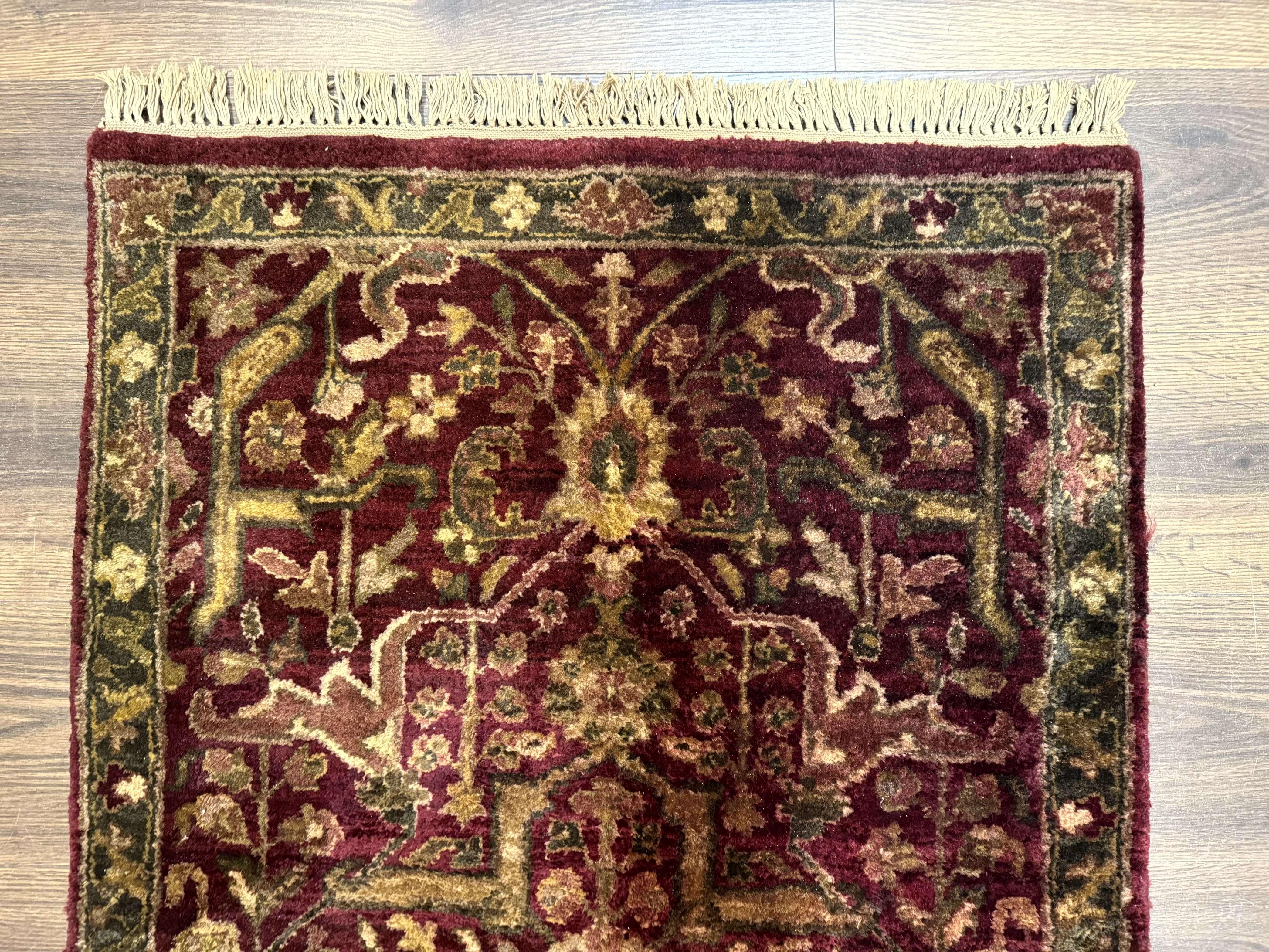 Indo Persian Runner Rug 2.7 x 13.8, Maroon, Wool, Handmade Indian Rug for Hallway - Jewel Rugs