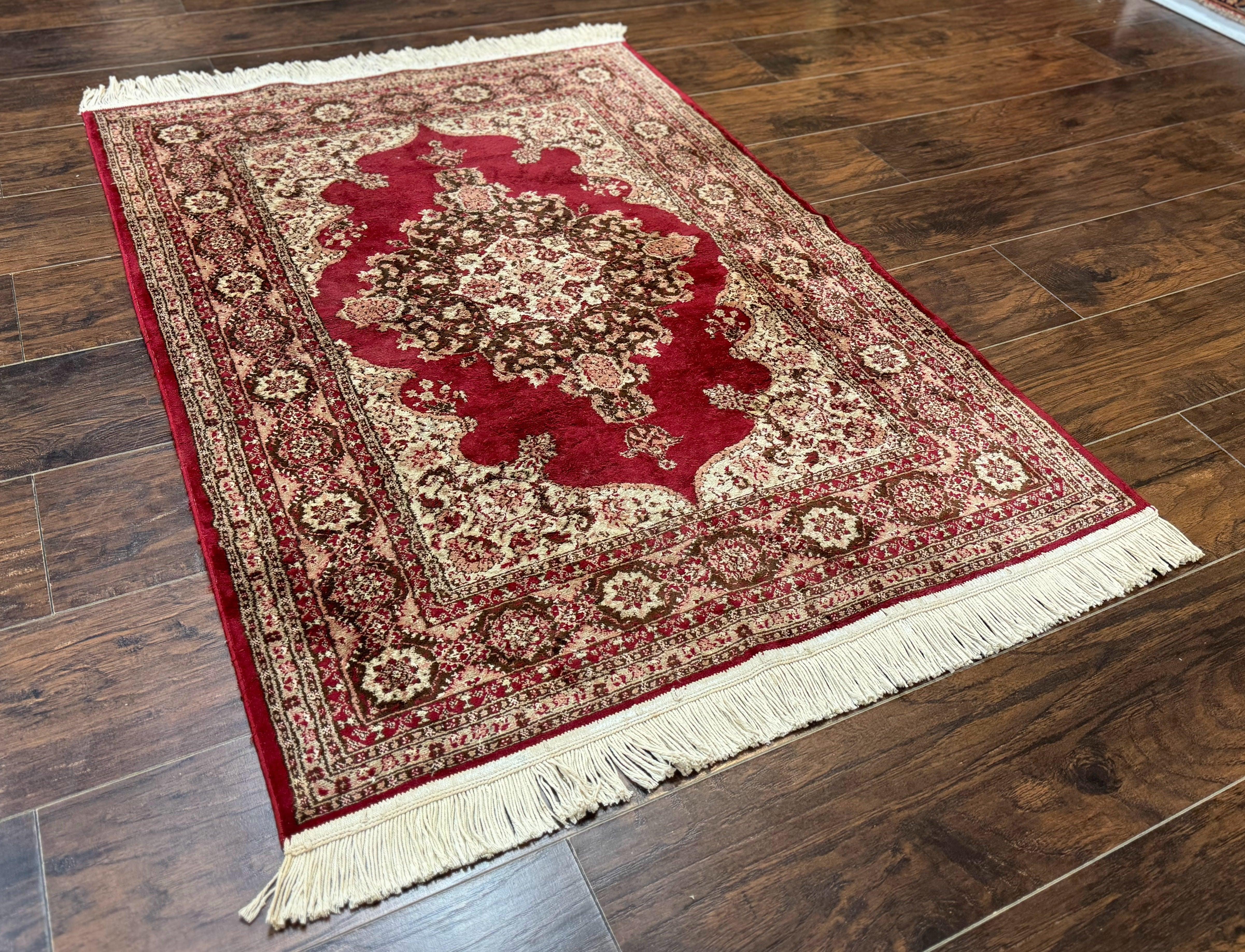 Vintage Art Silk Rug 3x4, Traditional Oriental Persian Design Rug, Belgium Power Loomed Rug, Red and Beige, Semi Open Field Kerman Rug - Jewel Rugs