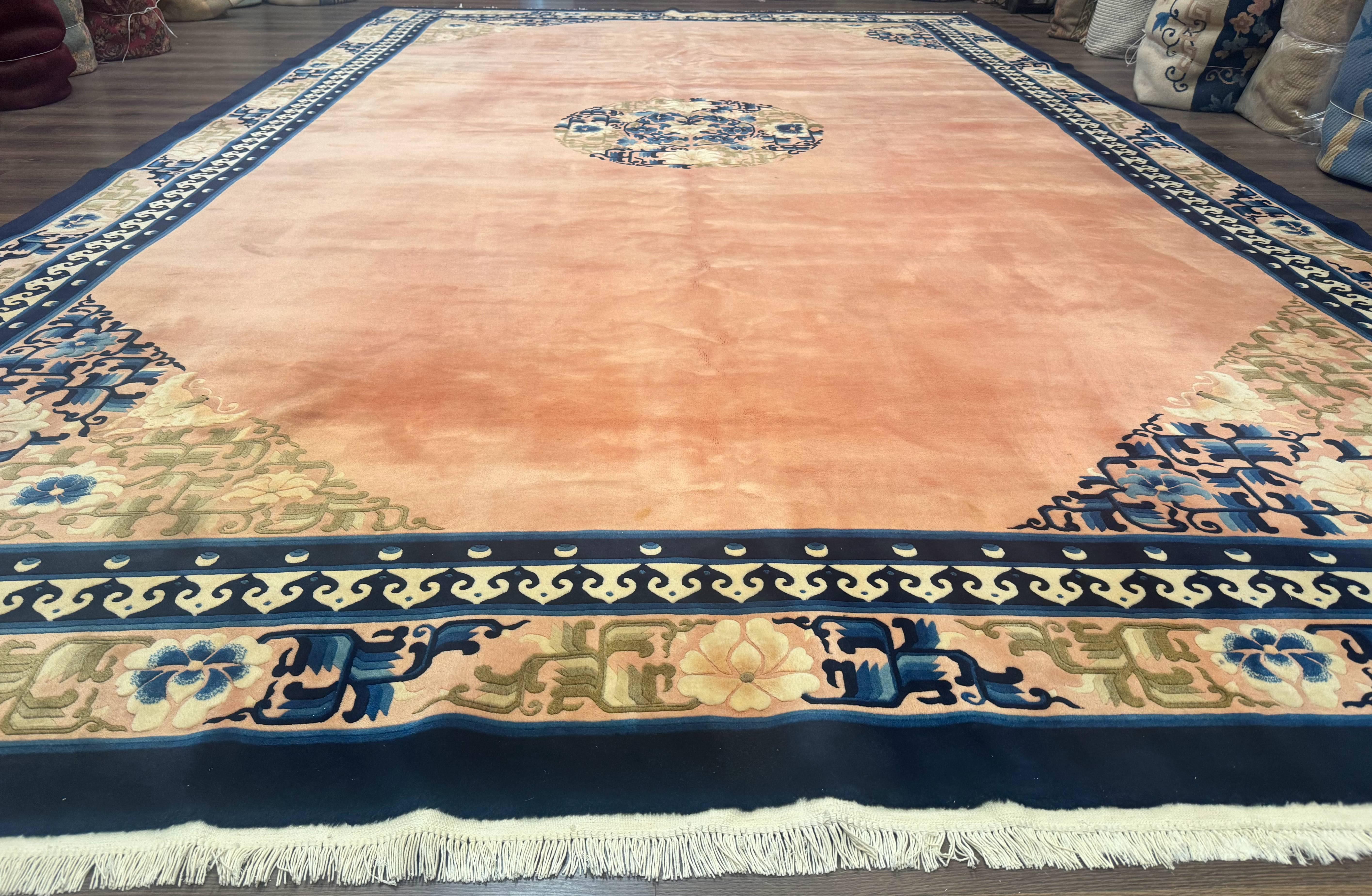 Chinese Wool Rug 11x18, Palace Sized Chinese Carpet, Peking Rug, Peach and Blue, Open Field, Simple Design, Art Deco Rug, Large Handmade Rug - Jewel Rugs