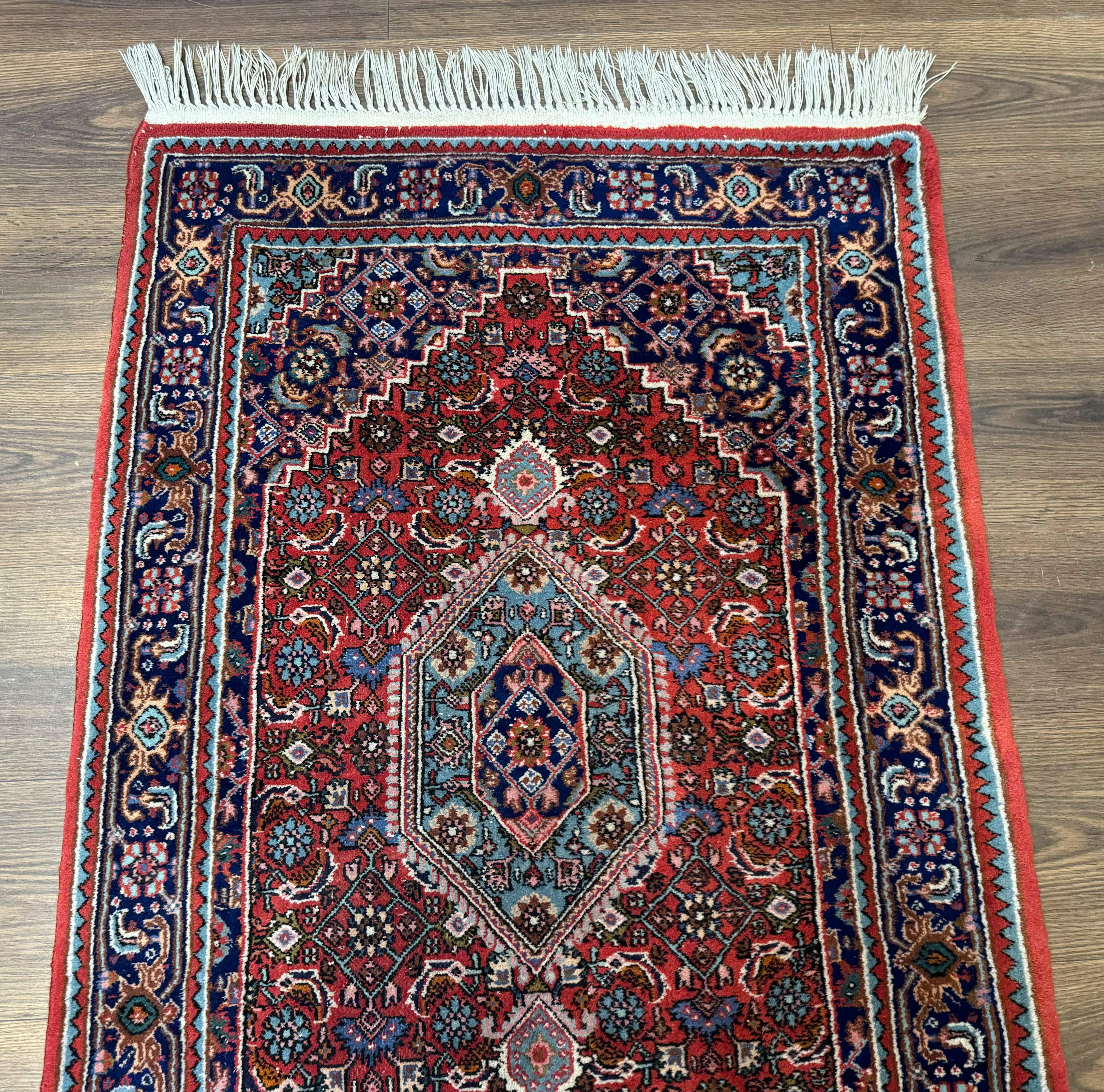 Indo Persian Bidjar Runner Rug 3 x 18.6, Red Navy Blue, Long Runner, Wool Oriental Carpet - Jewel Rugs