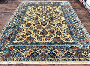 Indo Persian Rug 8x10, Floral Allover Handmade Hand Knotted Vintage Oriental Carpet 8 x 10 ft, Camel Hair & Blue Colors, Indo Sarouk Rug