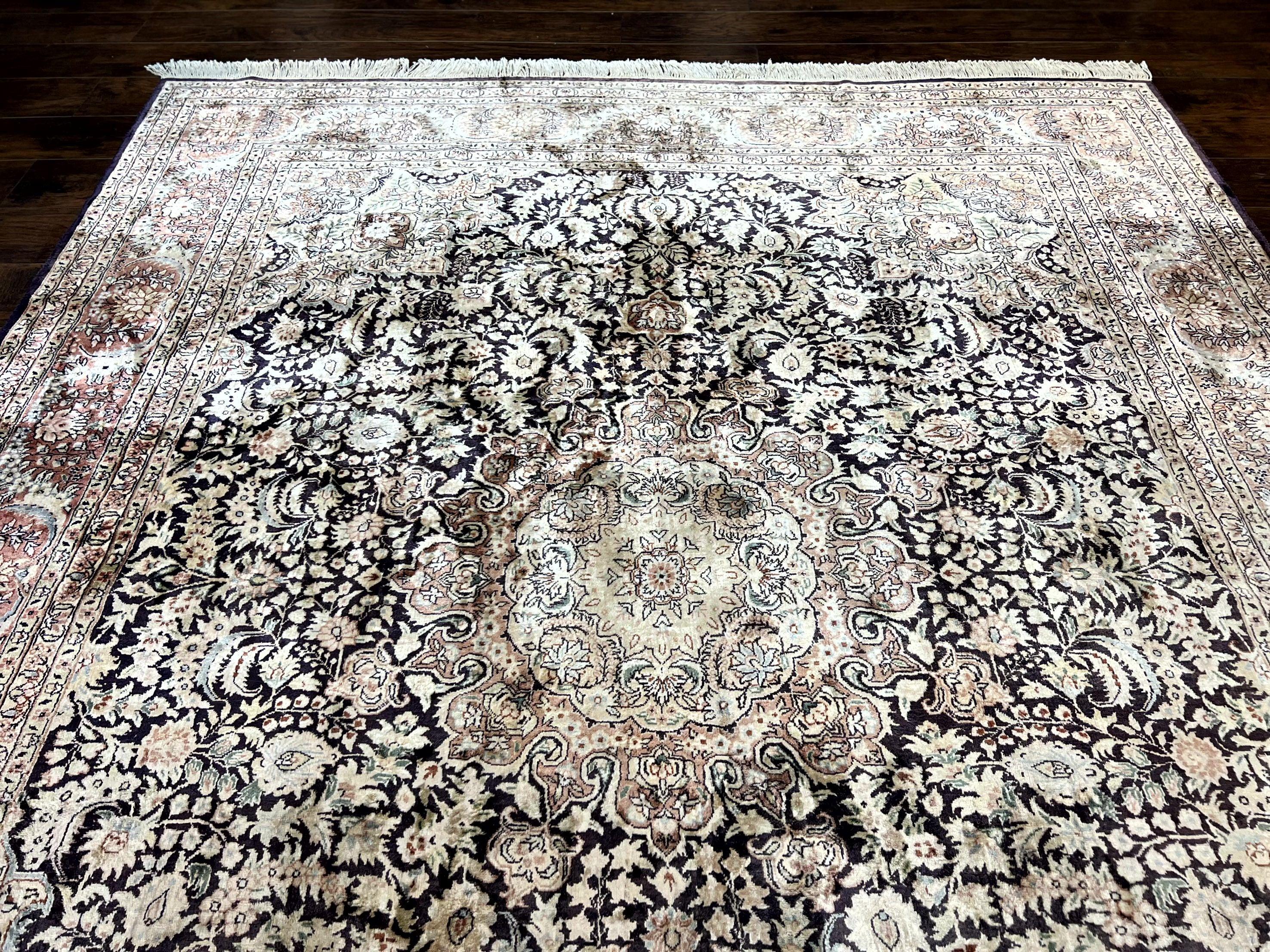 Silk Indian Kashmiri Rug 8x10, Floral Medallion, Indo Persian Carpet, Handmade Vintage Silk Rug - Jewel Rugs