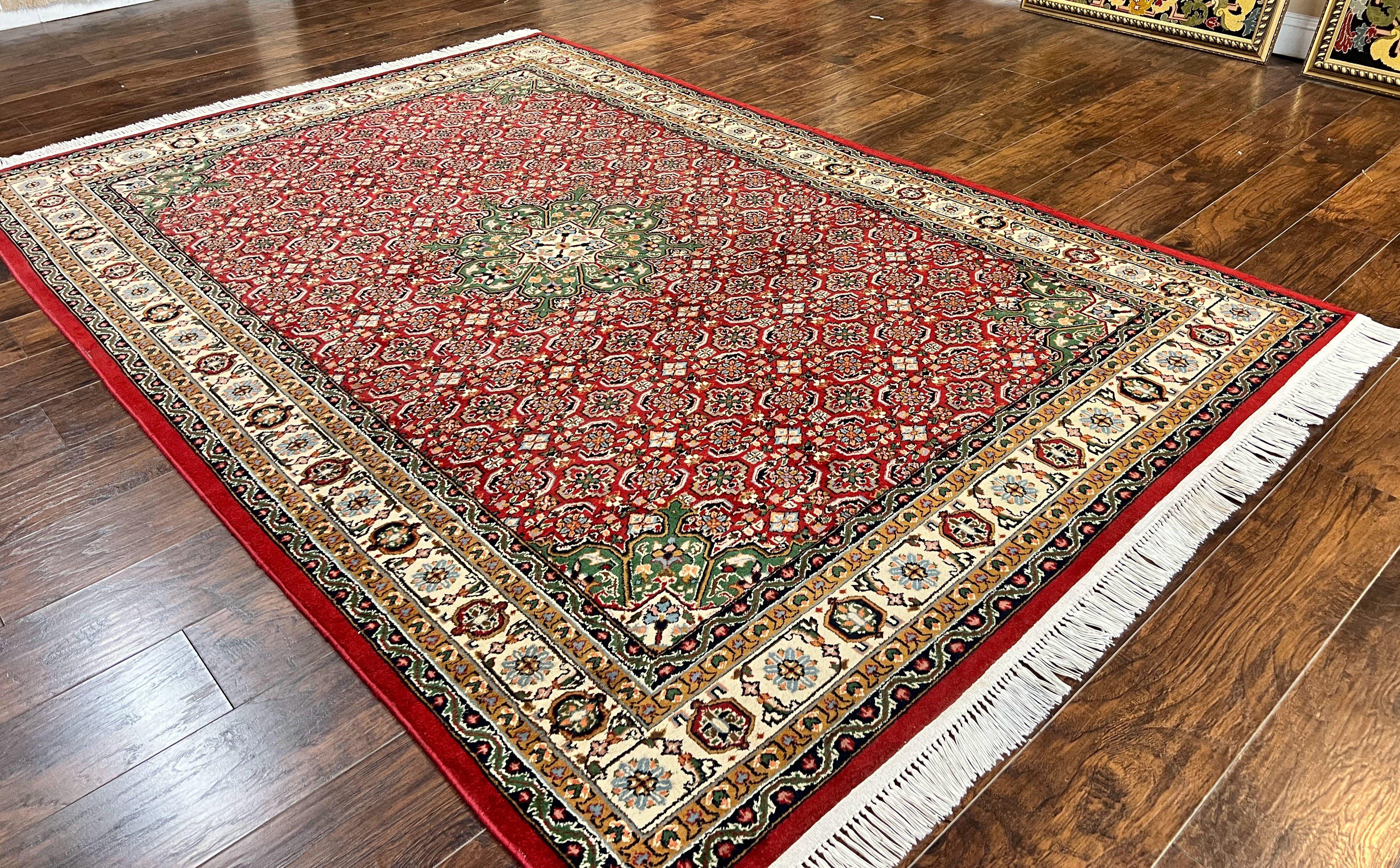 Persian Tabriz Rug 7x10, Wool Hand Knotted Vintage Carpet, Red Green & Cream, Herati Pattern, 7 x 10 Room Sized Oriental Rug - Jewel Rugs