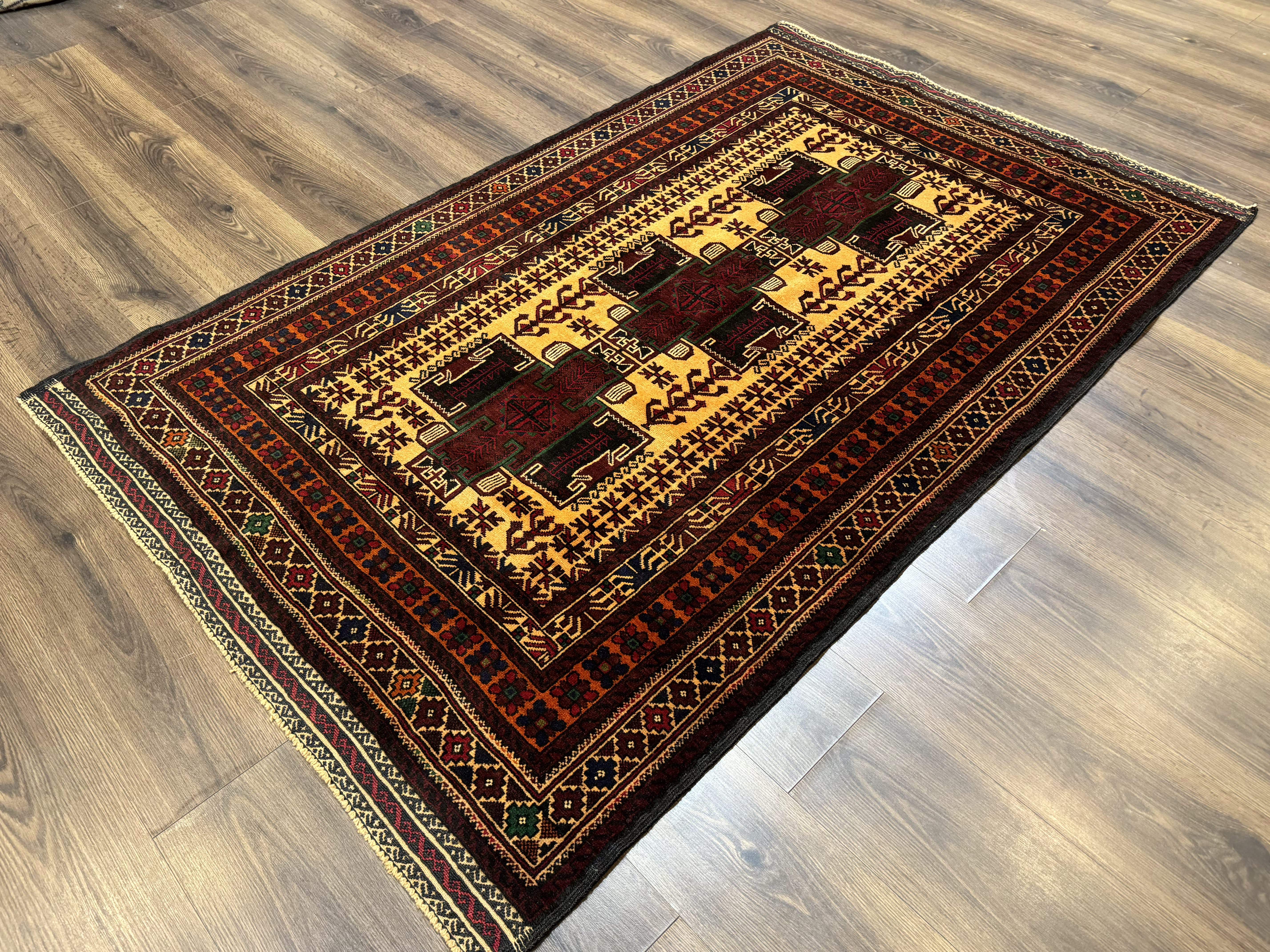 Persian Baluch Rug 4x7 – Golden Yellow and Burgundy, Hand-Knotted Wool Tribal Carpet - Jewel Rugs