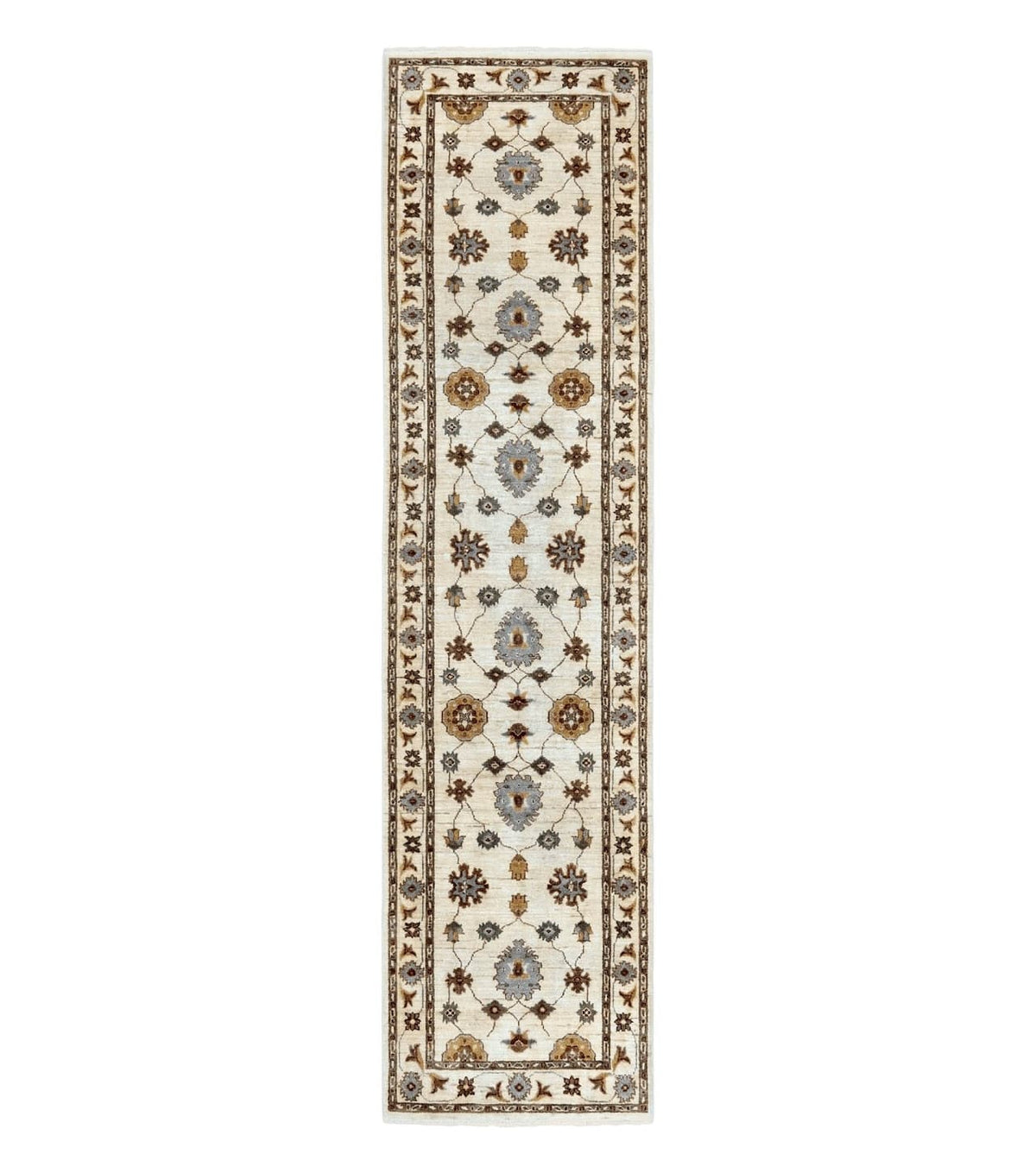 Peshawar Runner 2.7 x 10, Beige Floral Hand Knotted Vintage Wool Oriental Runner, Hallway Rug, Farmhouse Rug, Neutral Colors