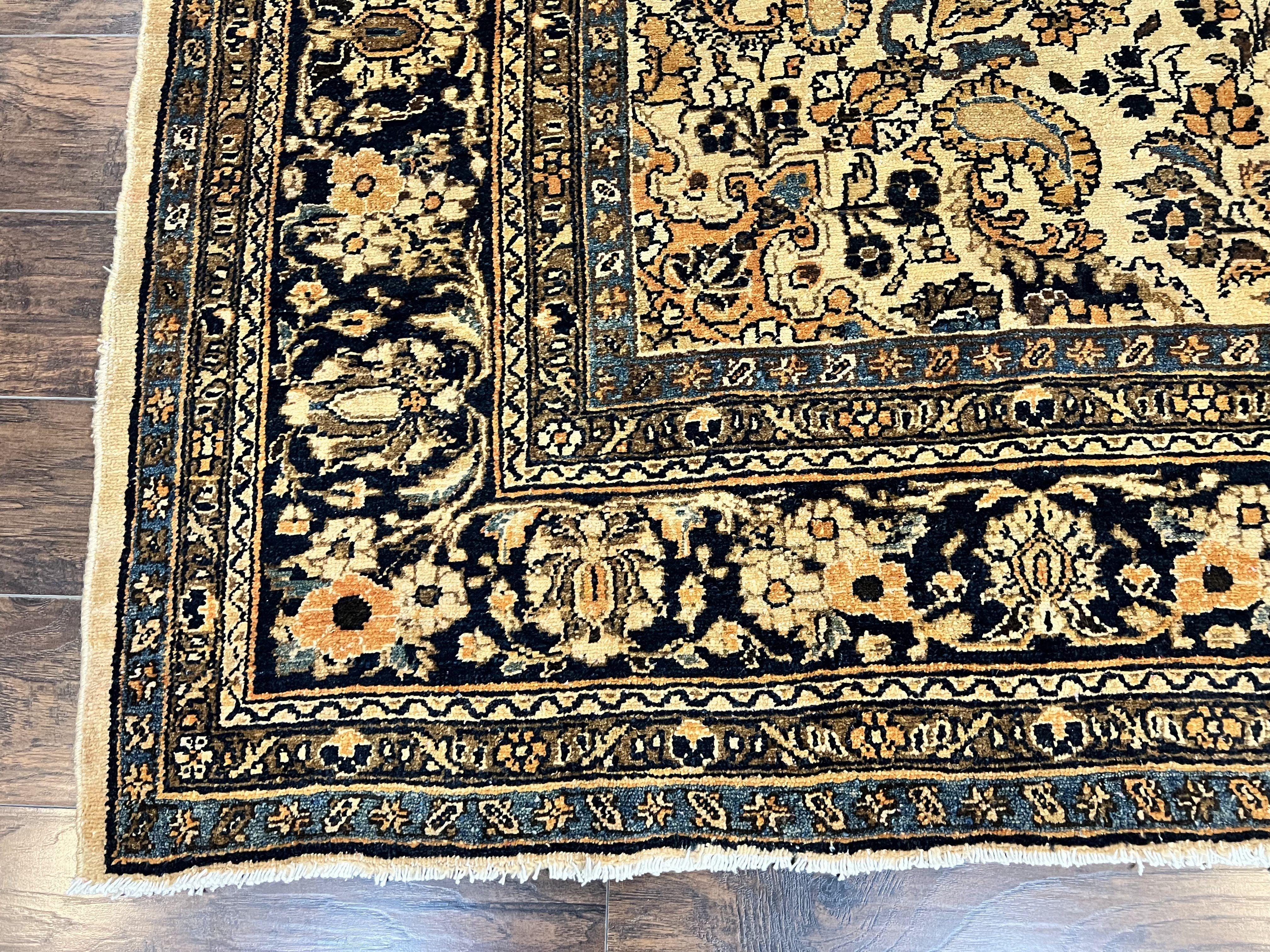 Antique Persian Rug 9x11, Wool Handmade 1920s Oriental Carpet, Persian Hamadan Anjelas Rug, Cream Black, Floral Allover Oriental Rug 9 x 11 Room Sized Rug - Jewel Rugs