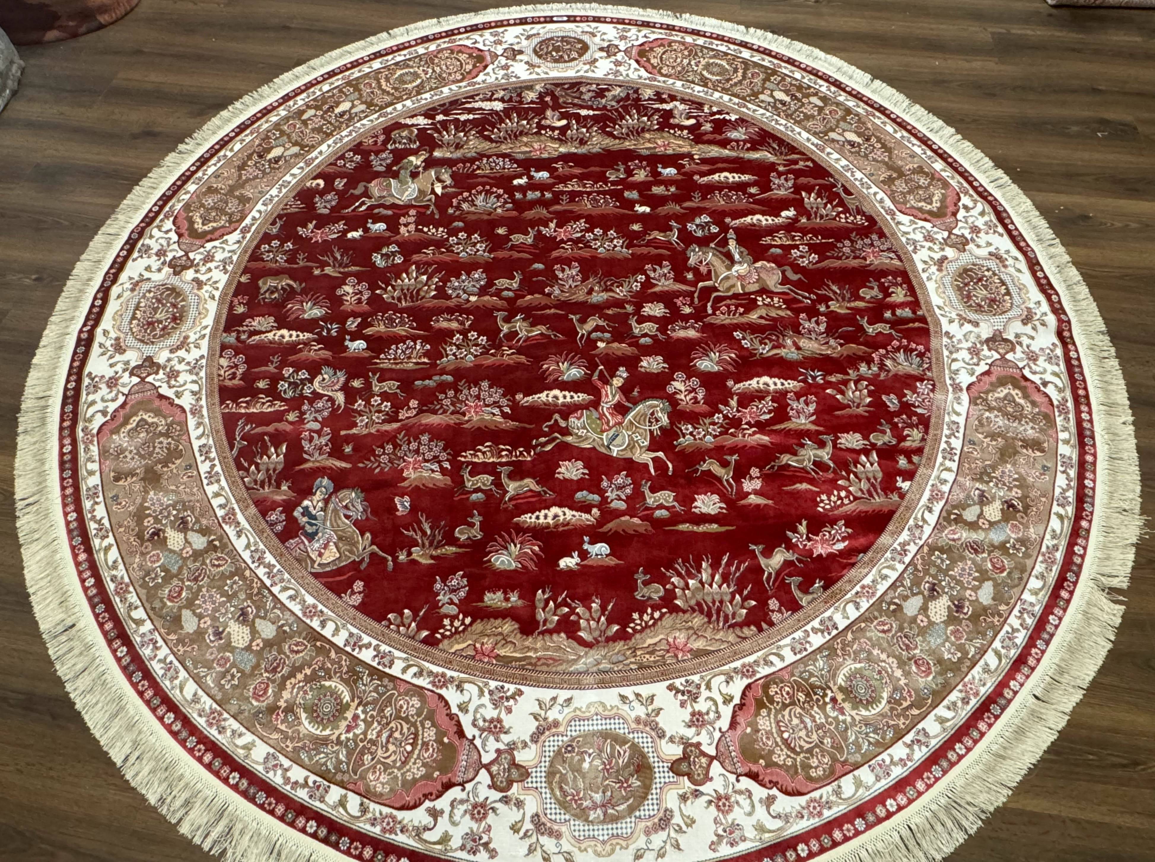Large Round Turkish Silk Rug 8x8, Hunting Design, Dark Red & Ivory, Bamboo Silk - Jewel Rugs