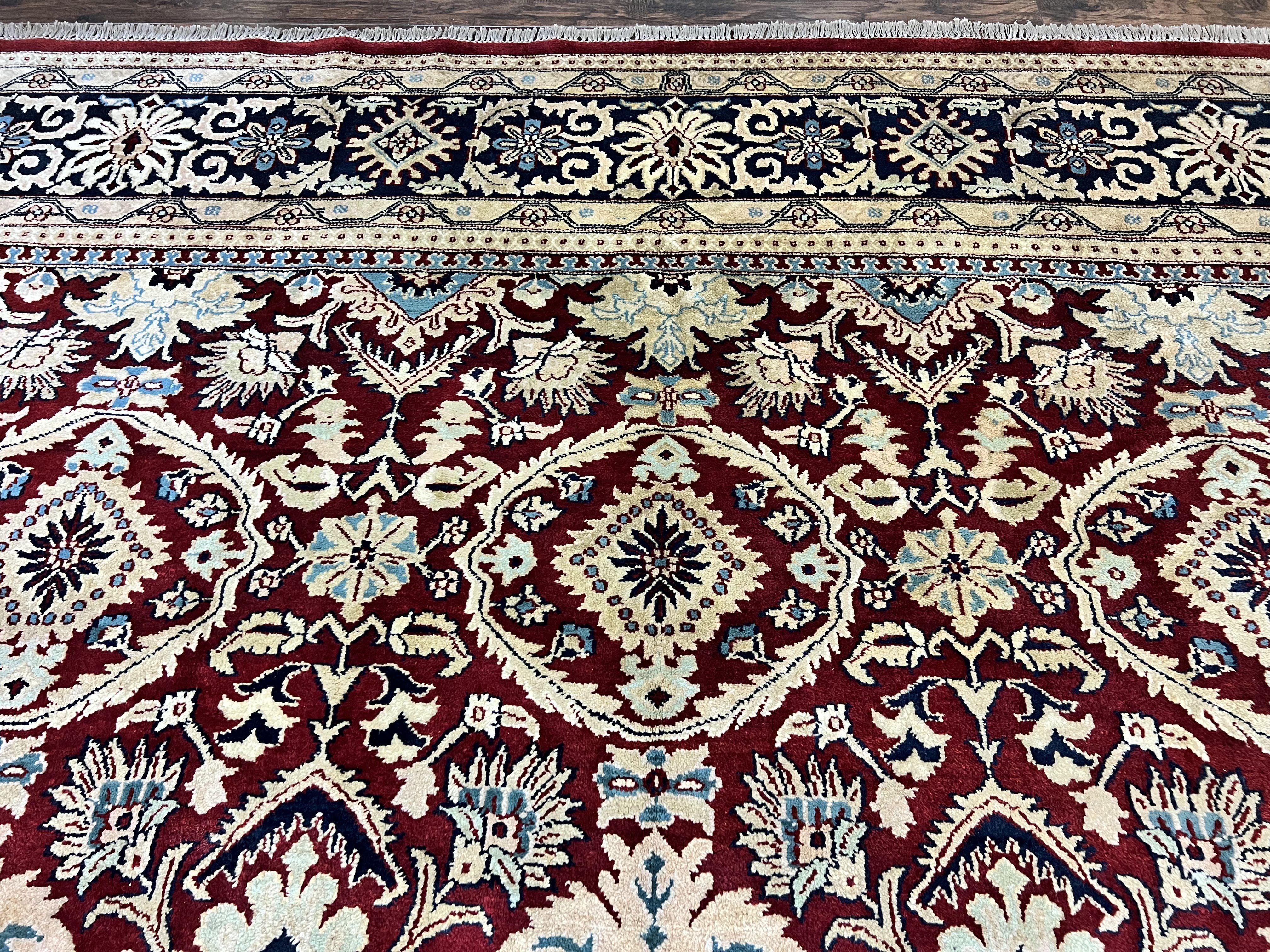 Extra Large Indian Agra Rug 11x15, Floral Allover, Maroon, Hand Knotted Handmade Vintage Oriental Carpet, Palace Sized - Jewel Rugs