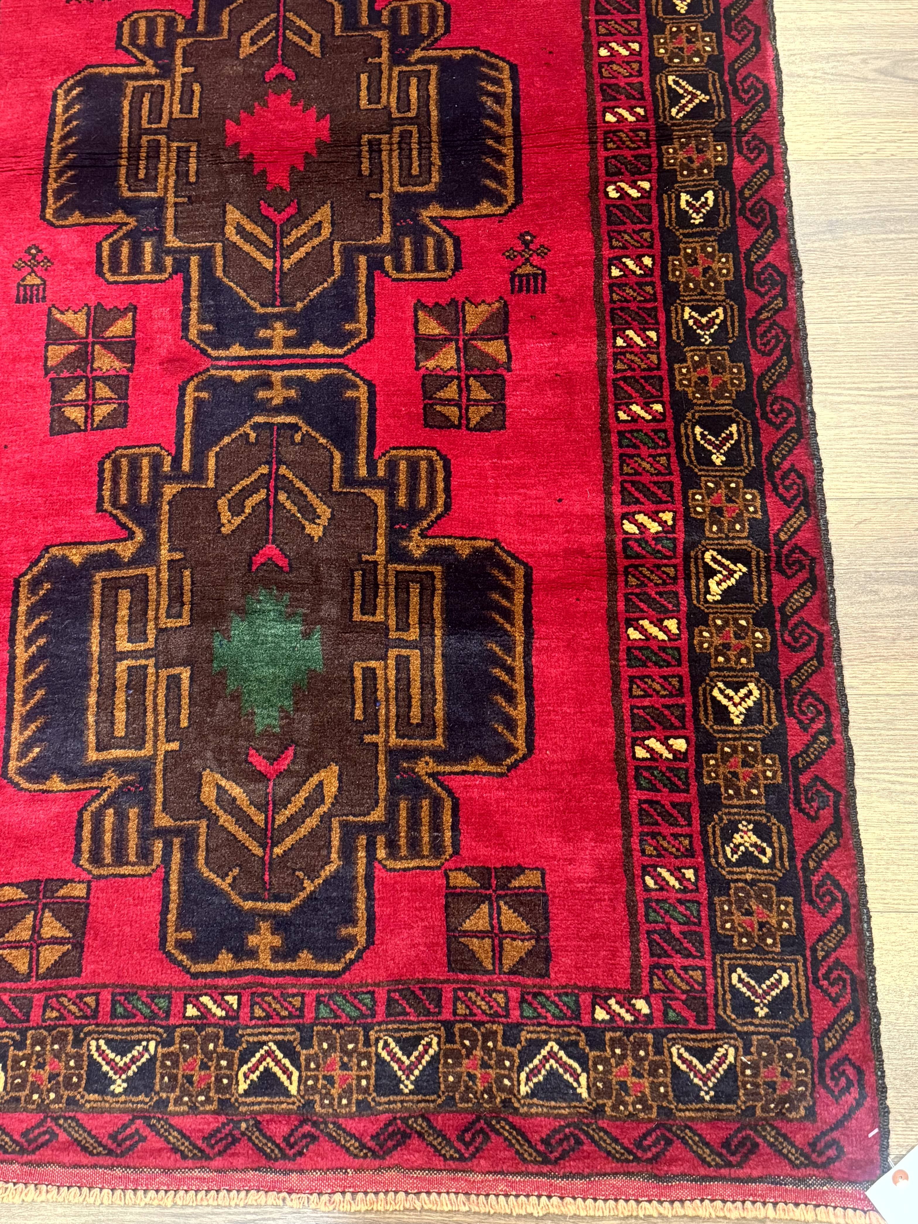 Red Afghan Balouch Rug 4x7, Triple Medallions, Handmade, New - Jewel Rugs