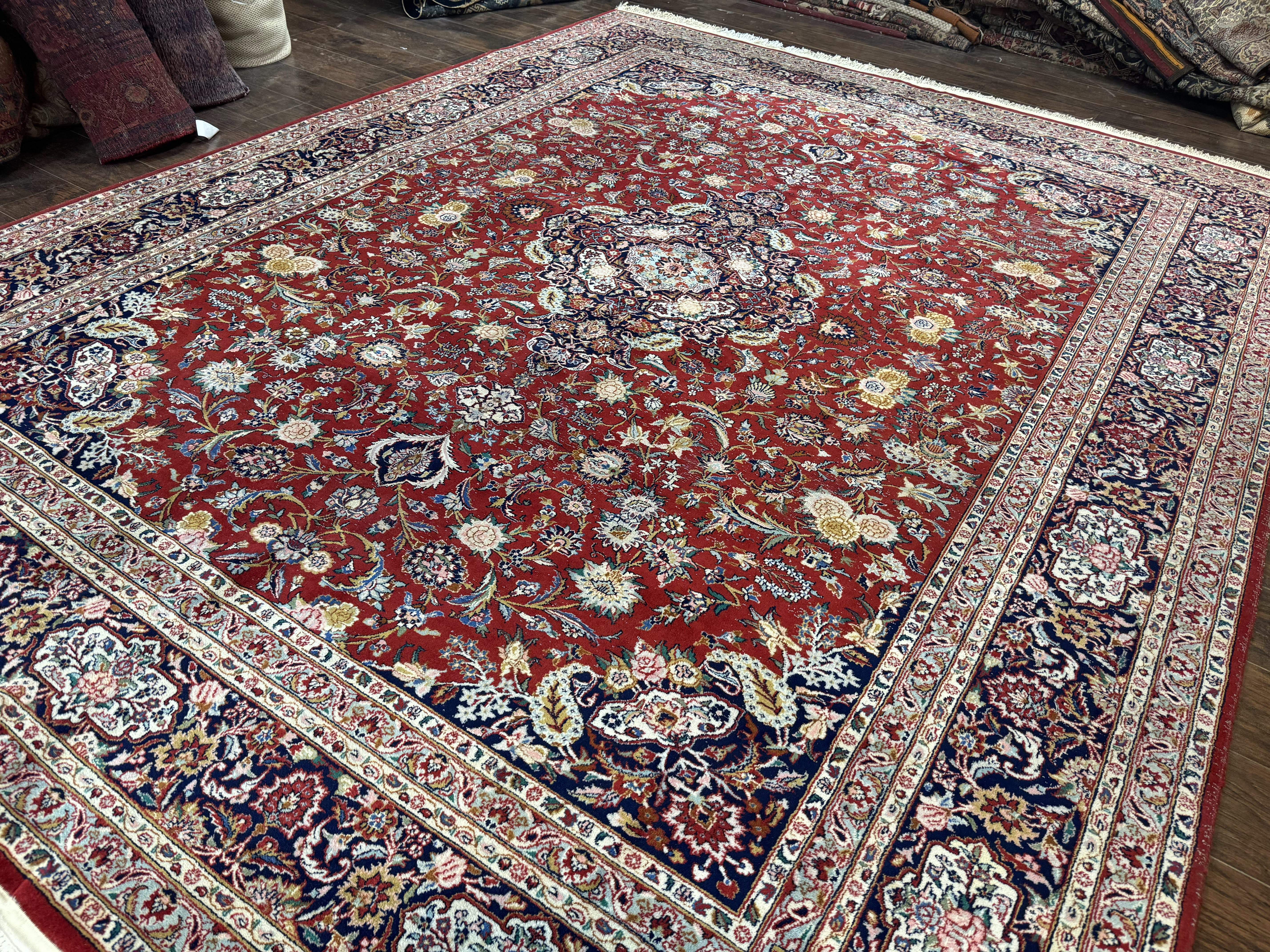 Indo Persian Rug 9x11 ft – Red and Navy, Hand-Knotted Traditional Wool Carpet - Jewel Rugs