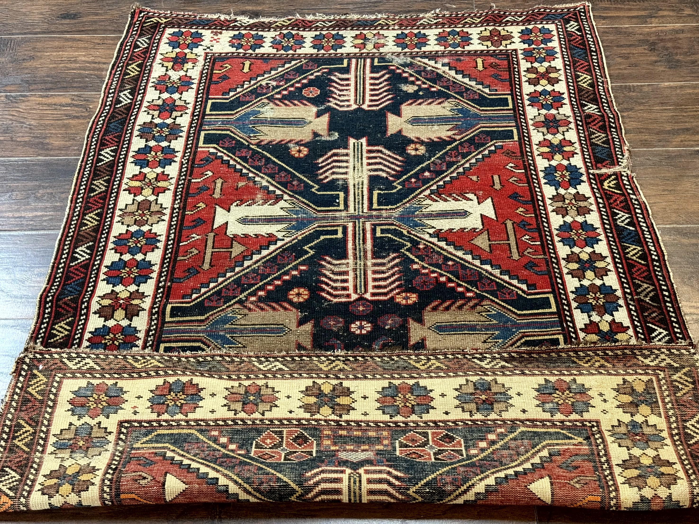 Antique Shirvan Caucasian Rug 3x5, Geometric Pattern, Red Navy Blue Beige - Jewel Rugs