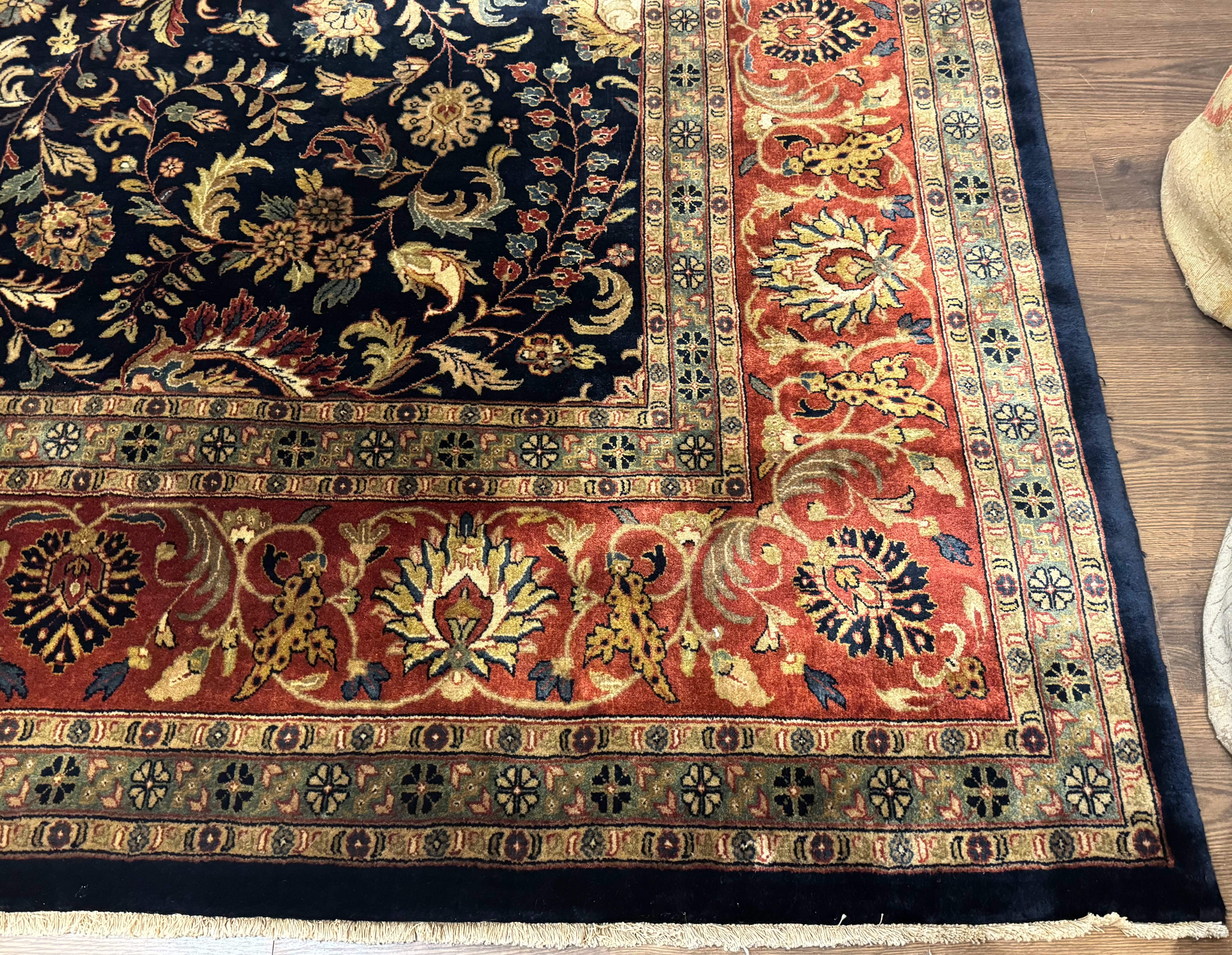 Large Indo Persian Rug 10x14, Navy Blue and Terracotta, Allover Floral Pattern - Jewel Rugs