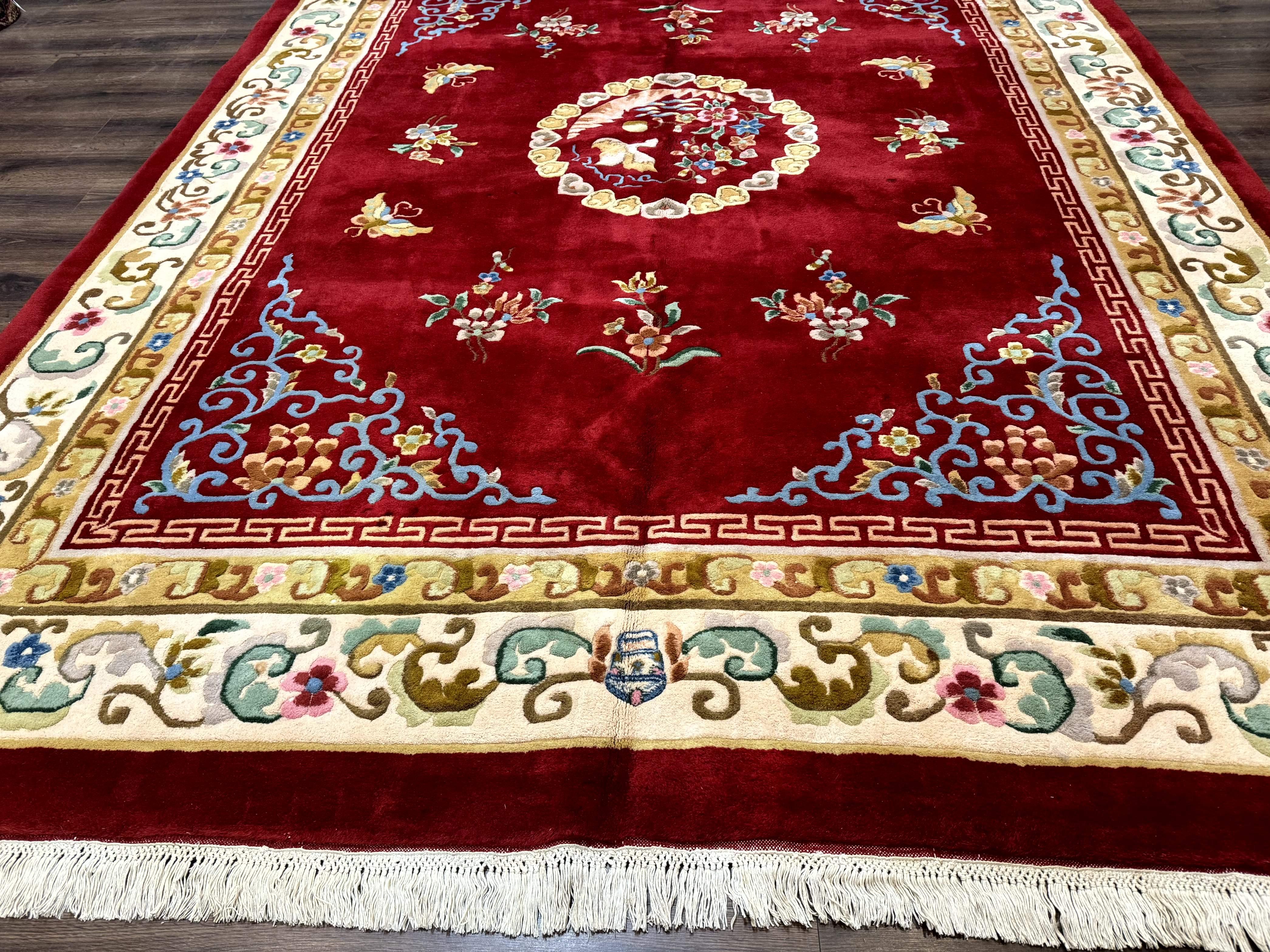 Indo Chinese Wool Rug 9x12, Red Art Deco Carpet, Vintage - Jewel Rugs