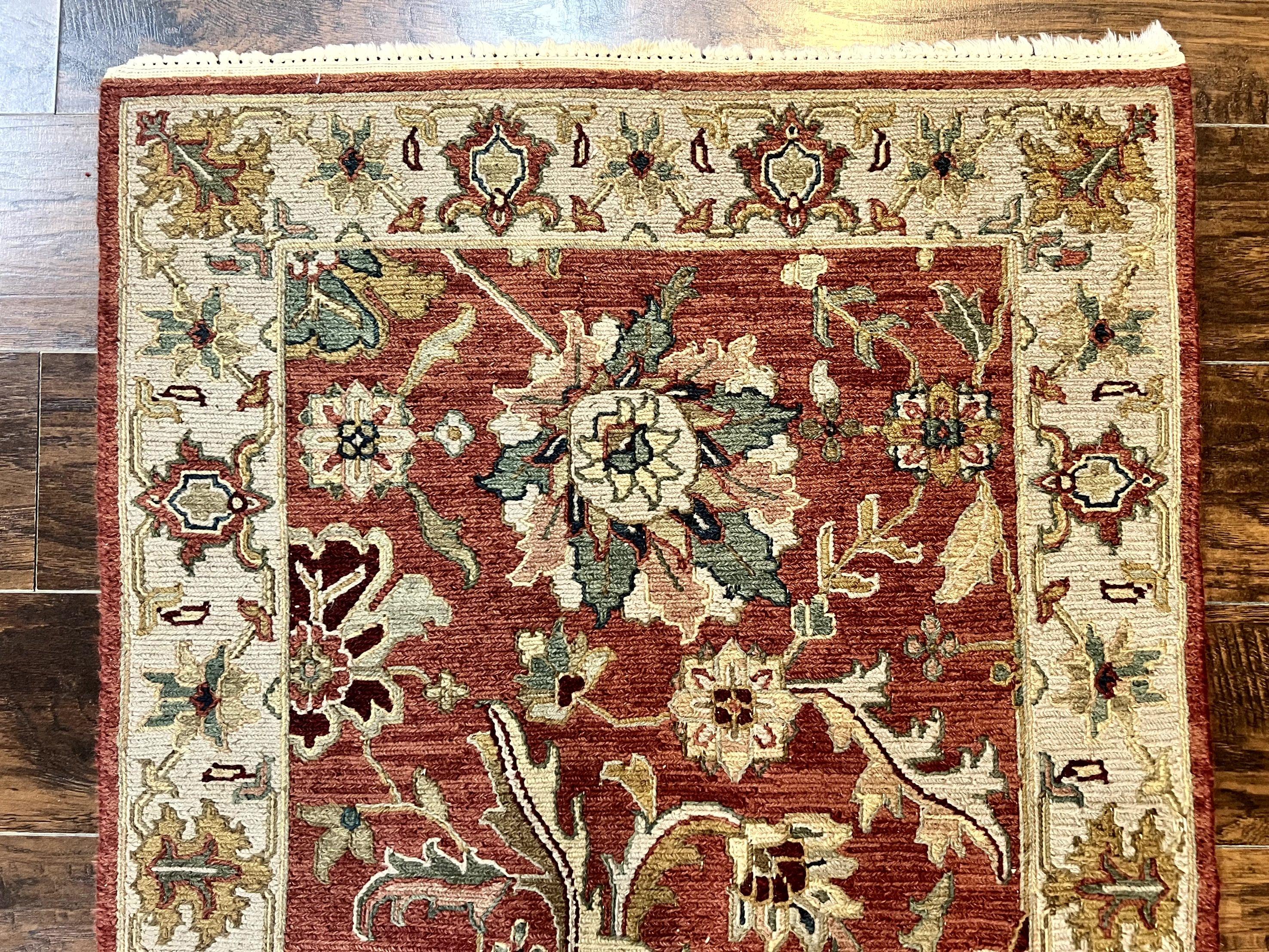 Turkish Flatweave Oushak Rug 3x5, Red and Tan, Floral, Handmade Vintage Wool Rug - Jewel Rugs