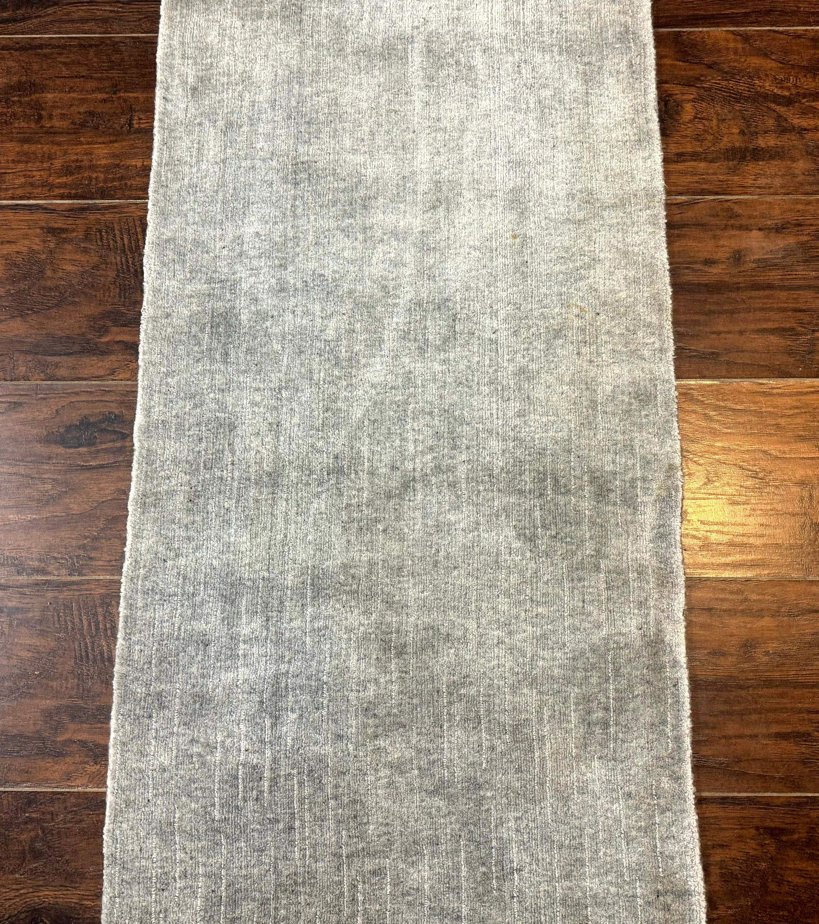 Modern Tibetan Runner Rug 1.9 x 8.6, Wool and Silk Highlights, Gray/Silver, Narrow Runner for Hallway or Kitchen - Jewel Rugs
