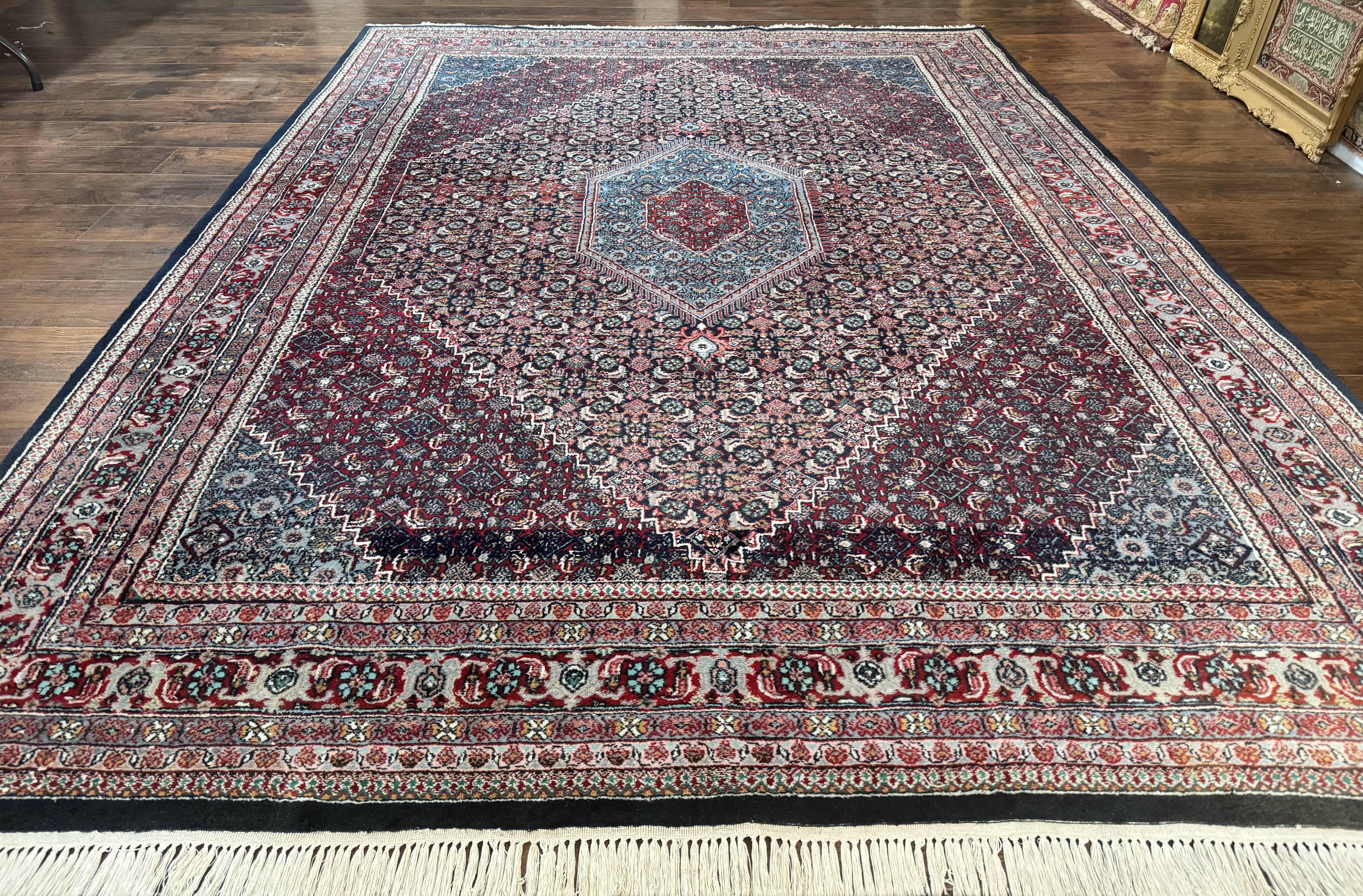 Indo Persian Bidjar Rug 8x11, Herati Mahi Pattern, Red Navy Blue, Handmade Vintage Wool Carpet - Jewel Rugs