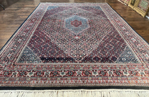 Indo Persian Bidjar Rug 8x11, Herati Mahi Pattern, Red Navy Blue, Handmade Vintage Wool Carpet