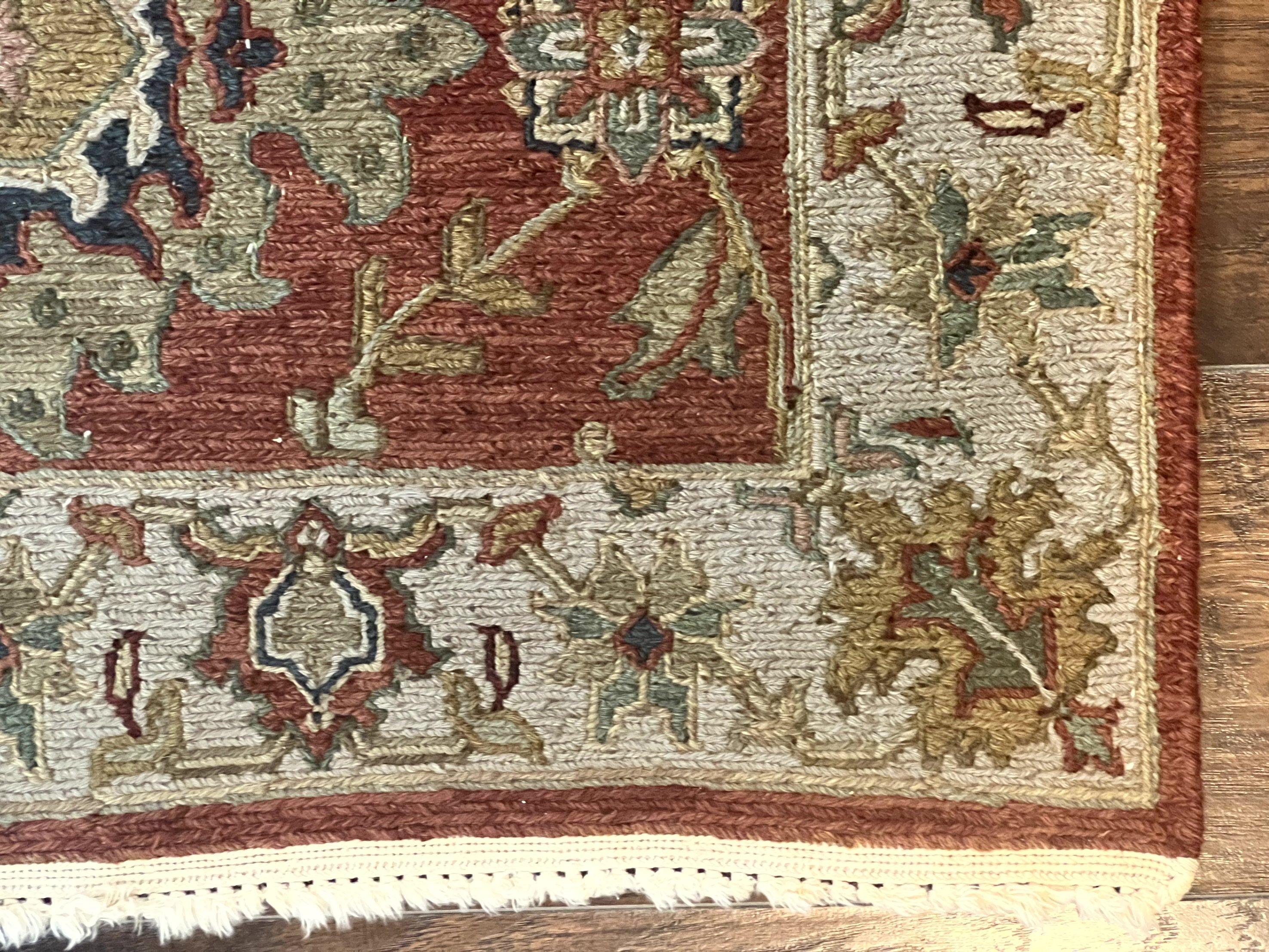 Turkish Flatweave Oushak Rug 3x5, Red and Tan, Floral, Handmade Vintage Wool Rug - Jewel Rugs