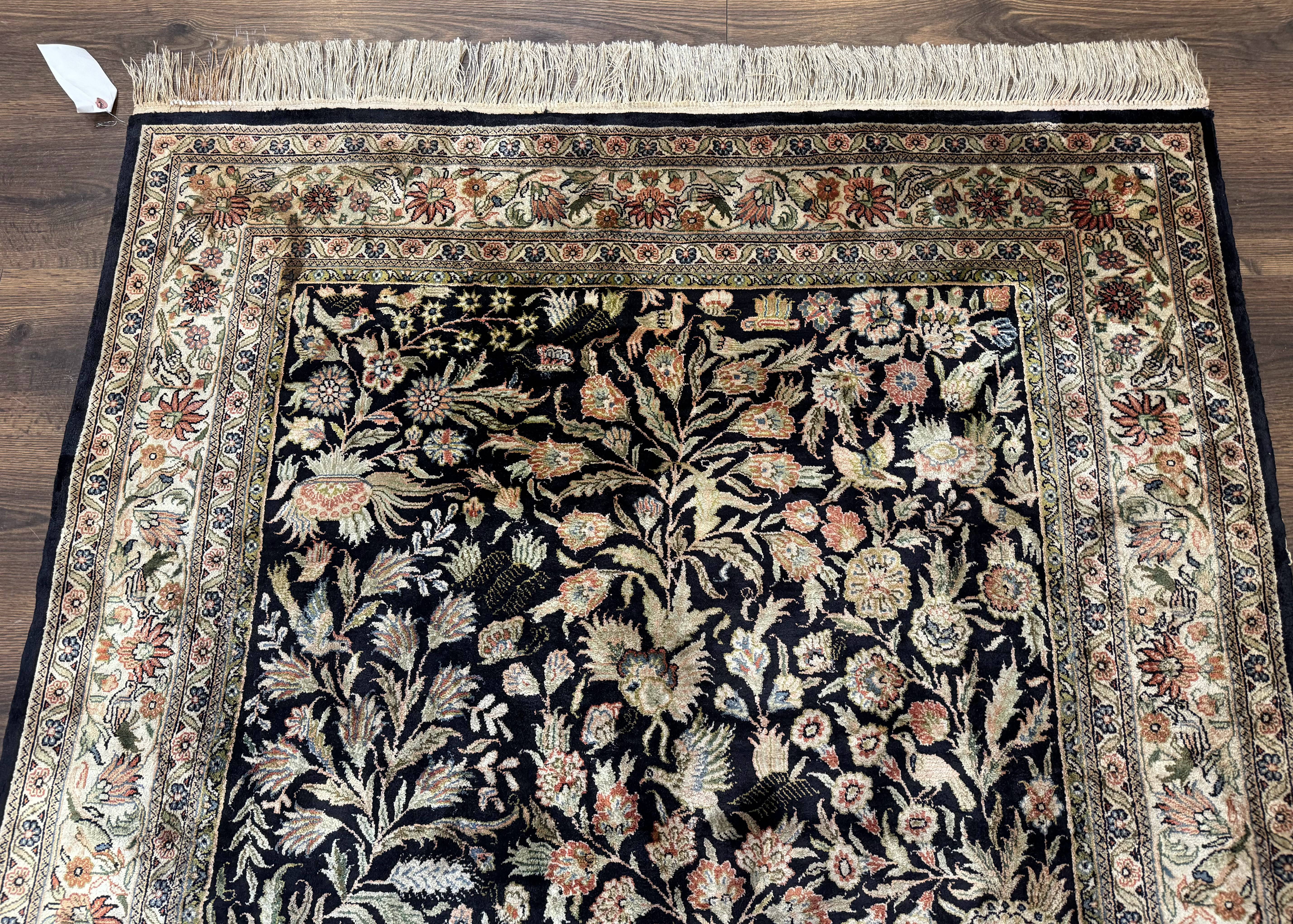 Silk Rug 4x6, Black and Cream, Floral & Bird Pictorials, Fine 330 KPSI, Sino Persian Rug - Jewel Rugs