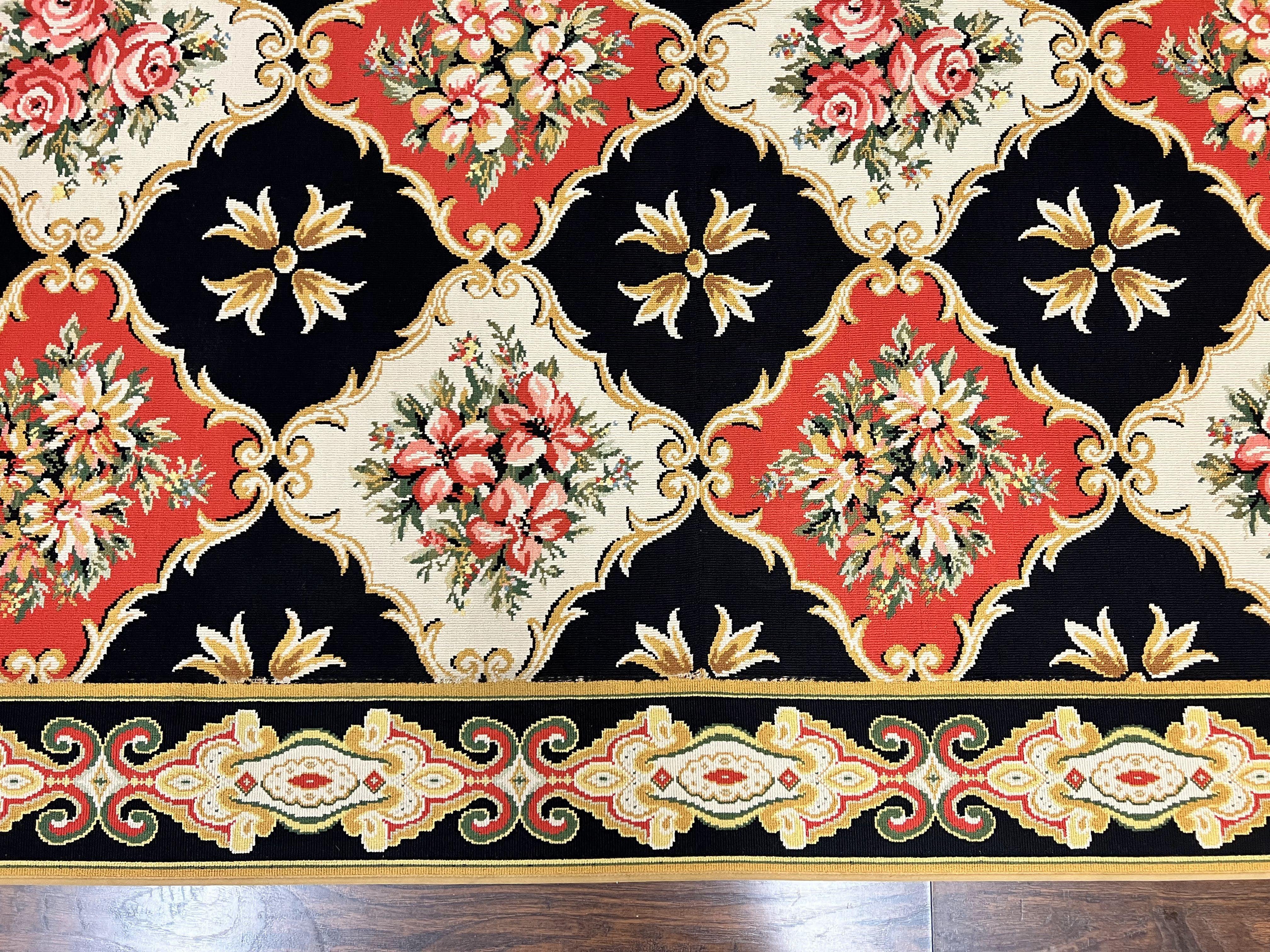 Large Stark Area Rug 9.6 x 11.7, Custom Vintage Stark Carpet, Red Black Ivory, European Design, Panels, Florals - Jewel Rugs