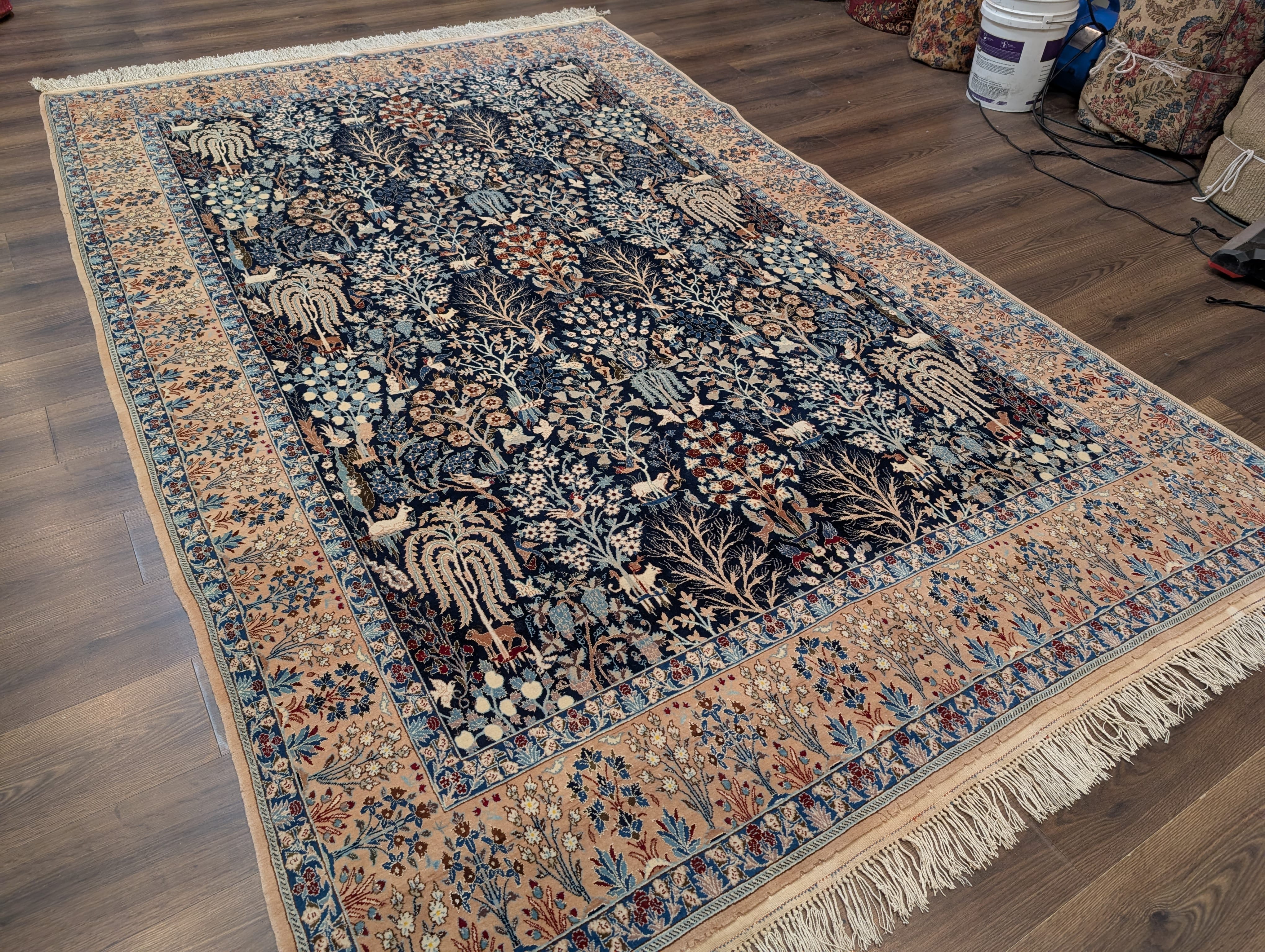 Persian Nain Rug 7x10, Rare Habibian Carpet, Tree of Life, Animal Pictorials, Wool & Silk Highlights, 380 KPSI - Jewel Rugs