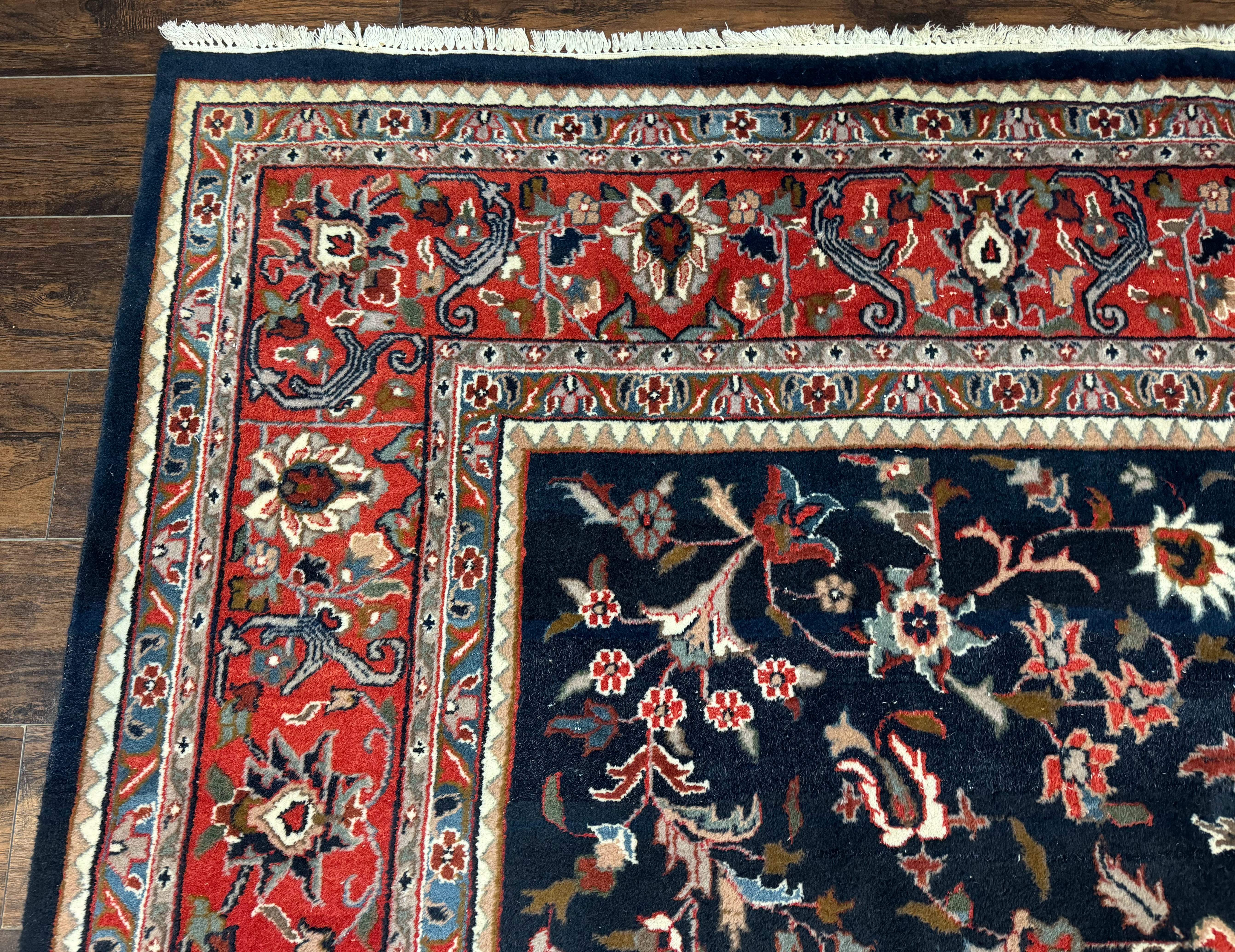 Indo Persian Sarouk Rug 9x12 – Navy and Red, Hand-Knotted Wool Vintage Carpet, Allover Pattern - Jewel Rugs