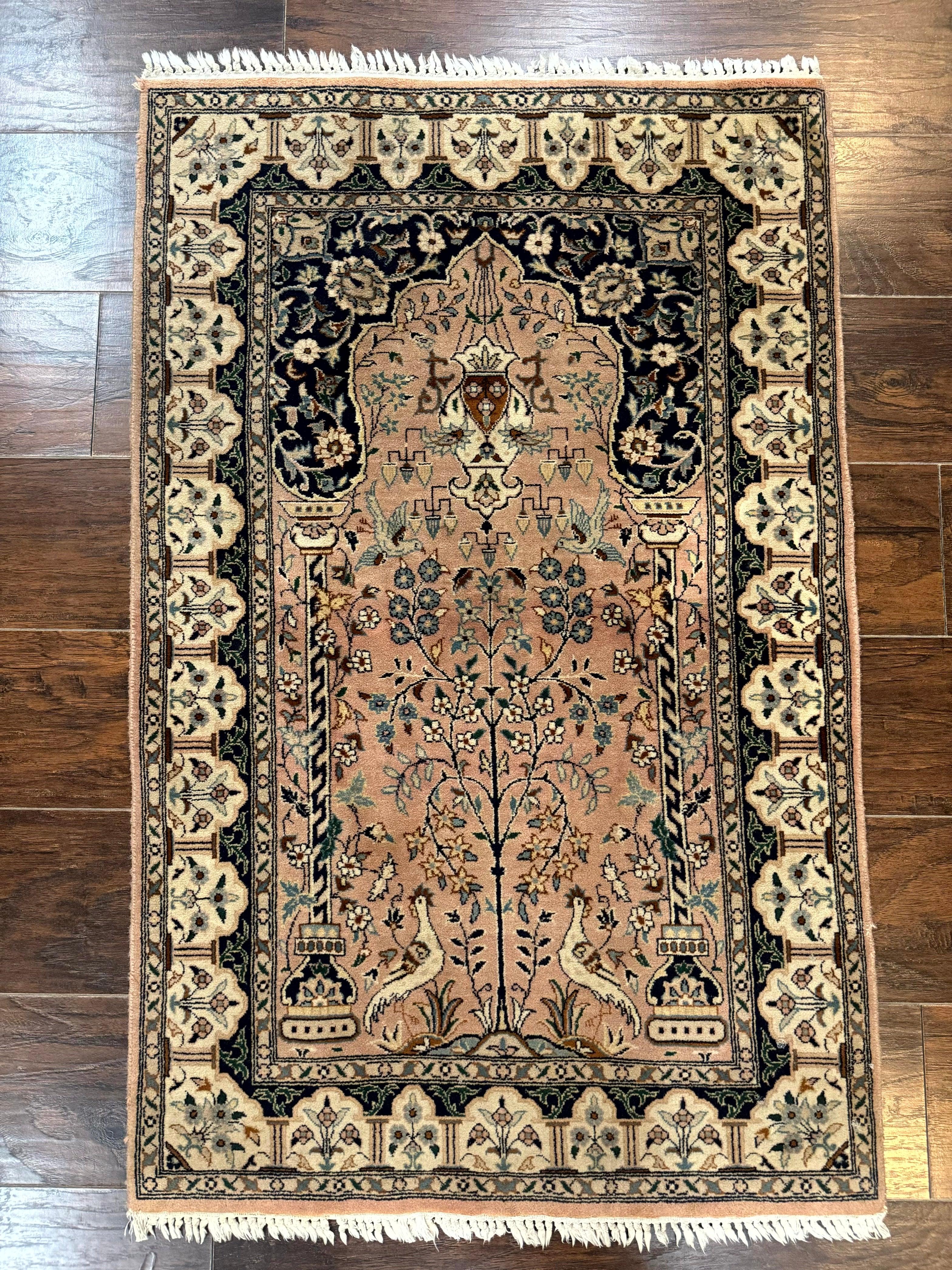 Small Tree of Life Prayer Rug, Pak Persian Rug 2.7 x 4, , Birds, Lantern, Handmade Vintage Fine 260 KPSI - Jewel Rugs