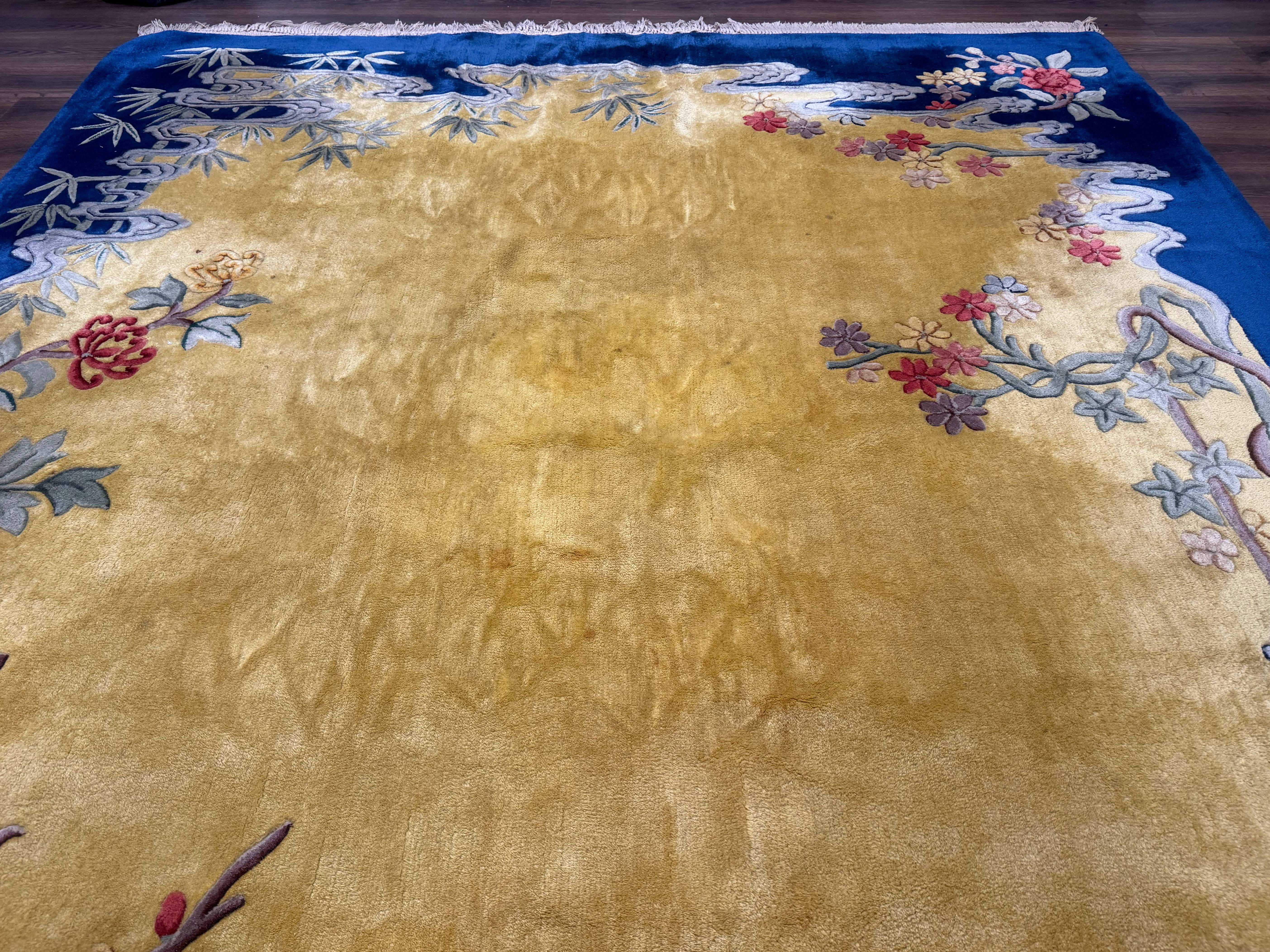 Chinese Peking Rug 9.6 x 13, Light Mustard & Blue, Wool Chinese Carpet, Hand Tufted, Vintage - Jewel Rugs