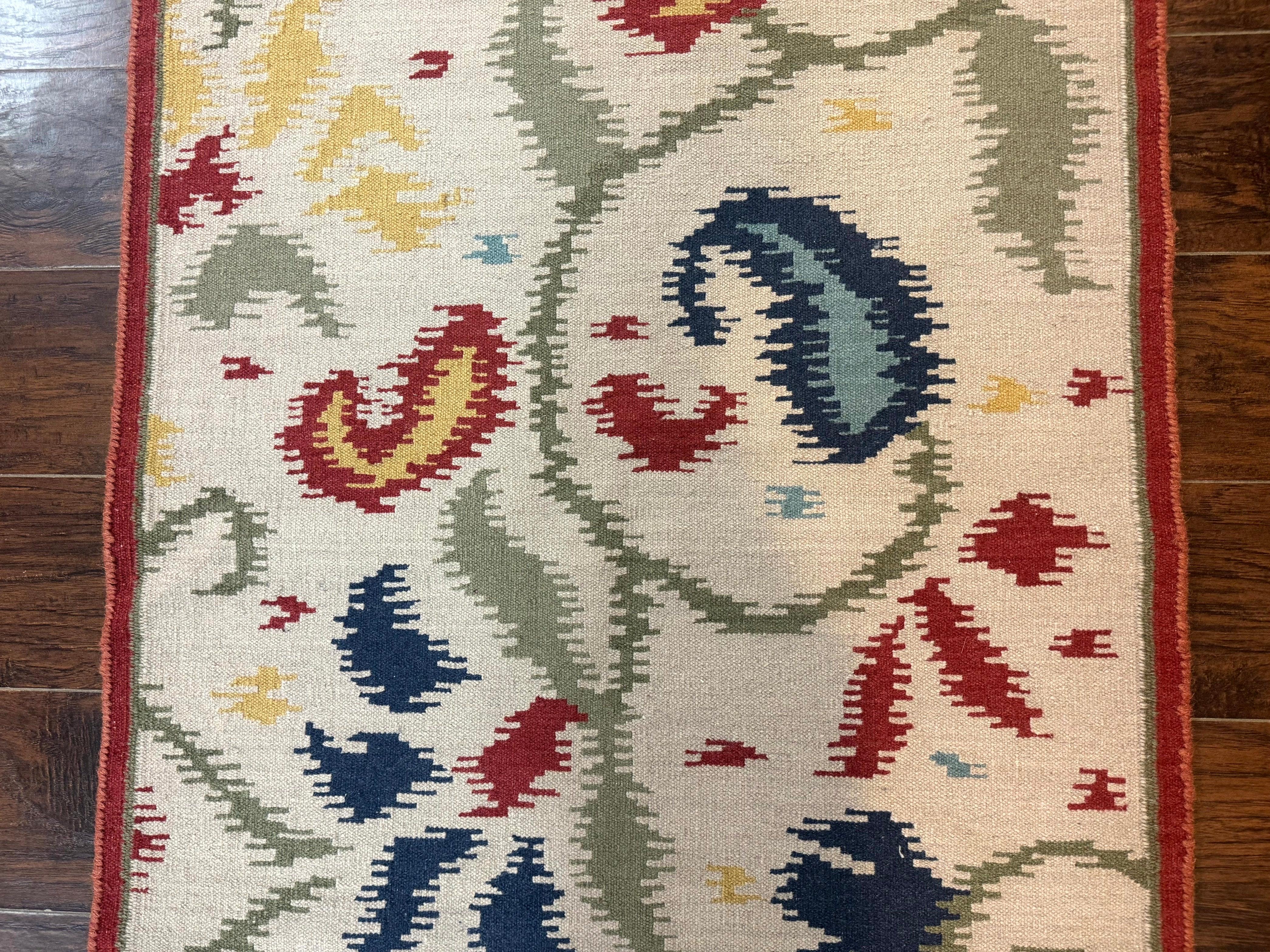 Indian Kilim Flatweave Rug 3x5, Abstract, Beige and Multicolor Flowers, Handmade - Jewel Rugs