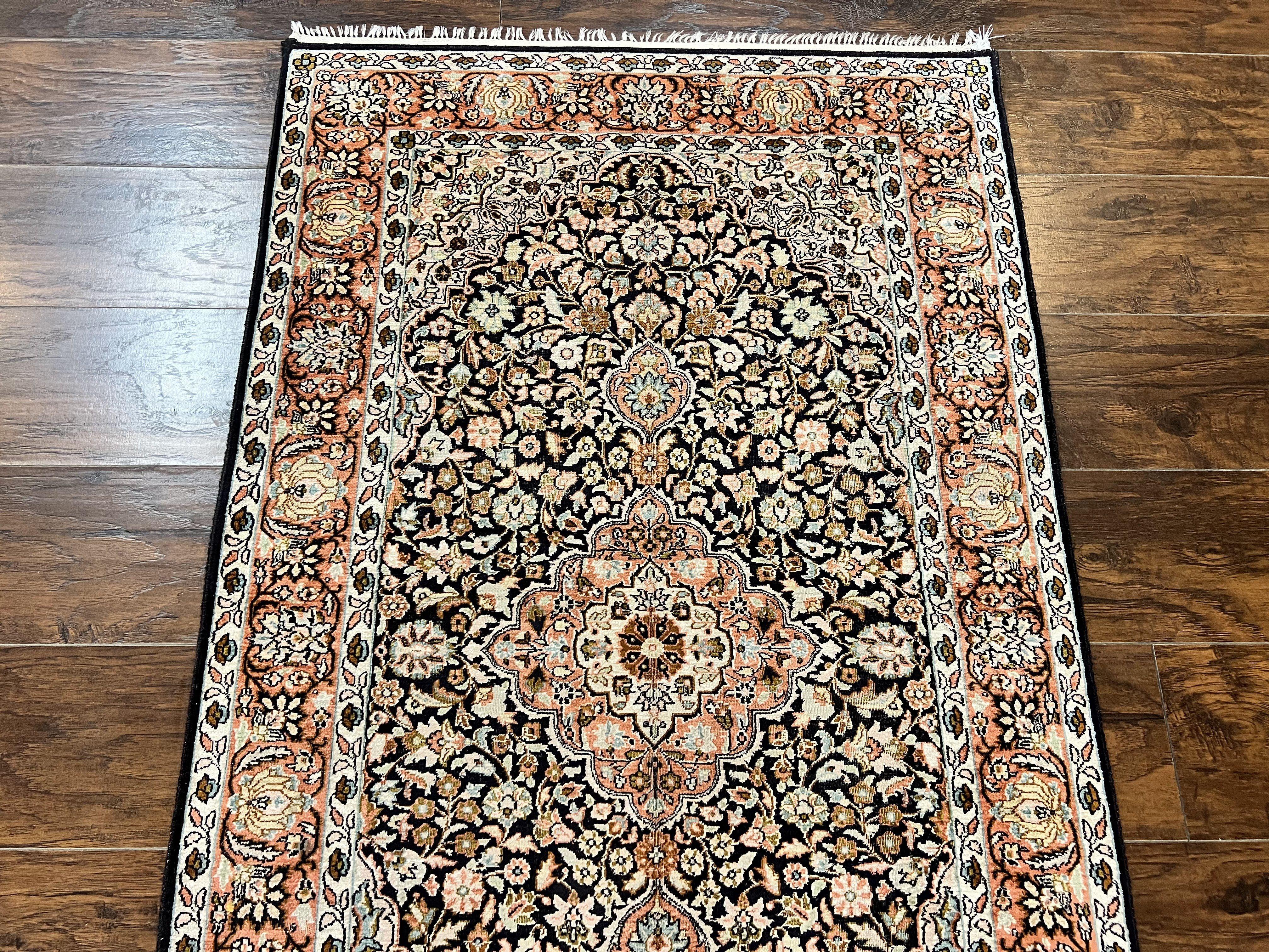 Silk Indian Kashmiri Rug 3x5, Indo Persian Silk on Silk Carpet, Very Fine 350 KPSI, Navy Blue, Handmade, Floral Medallion - Jewel Rugs