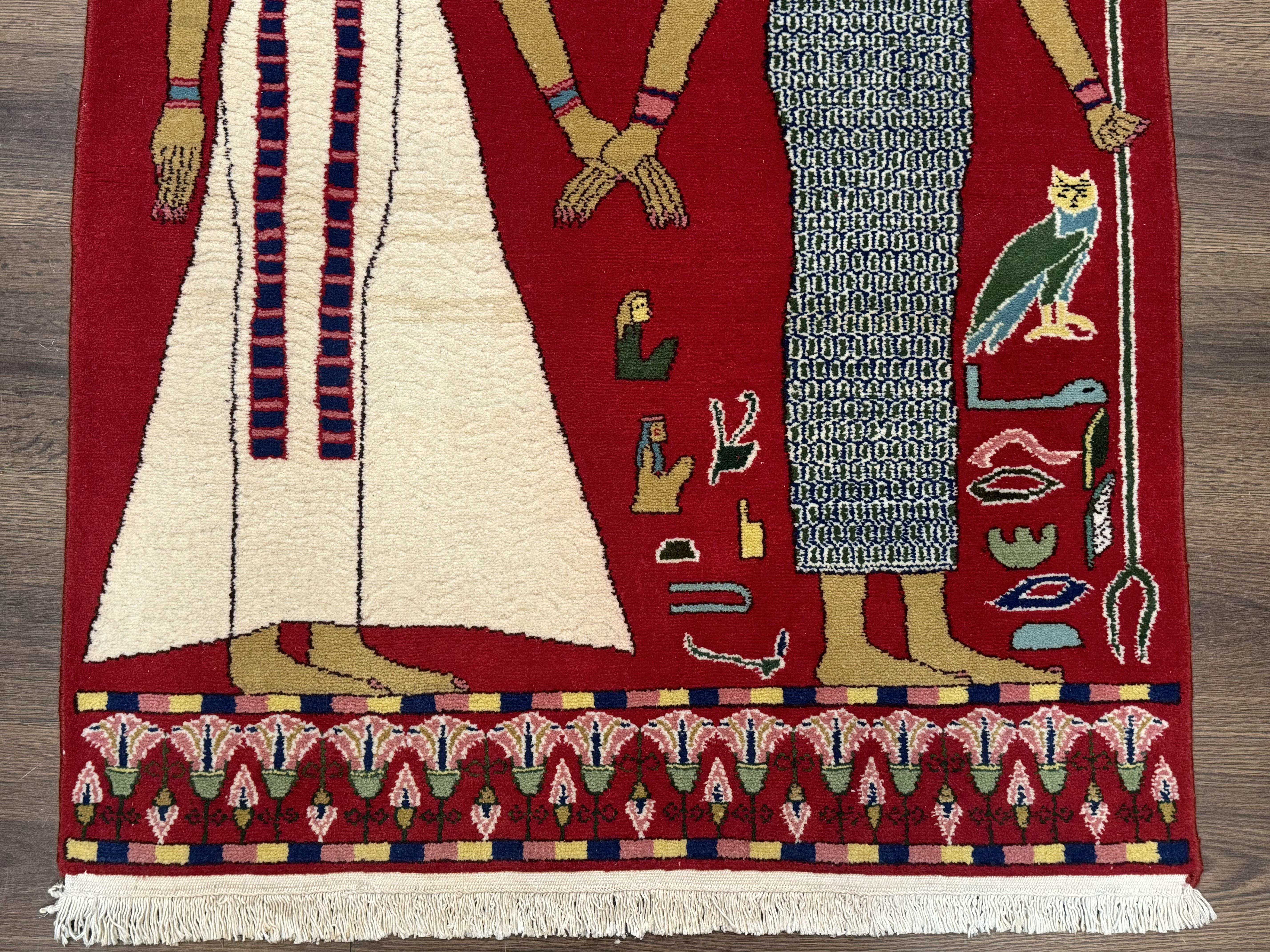 Egyptian Pictorial Rug 3x4, Hieroglyphic Pictorial Rug, Egyptian Prince and Princess, Cleopatra, Vintage Handmade, Red - Jewel Rugs