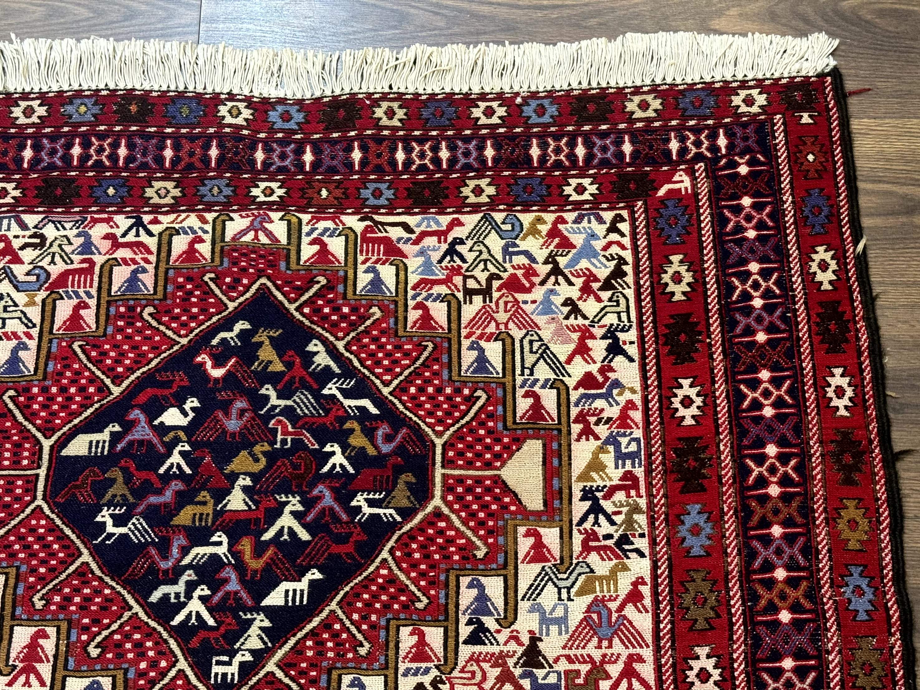 Persian Soumak Kilim Rug 4x6, Triple Medallions Tribal Pictorials, Caucasian Azerbaijani Kilim - Jewel Rugs