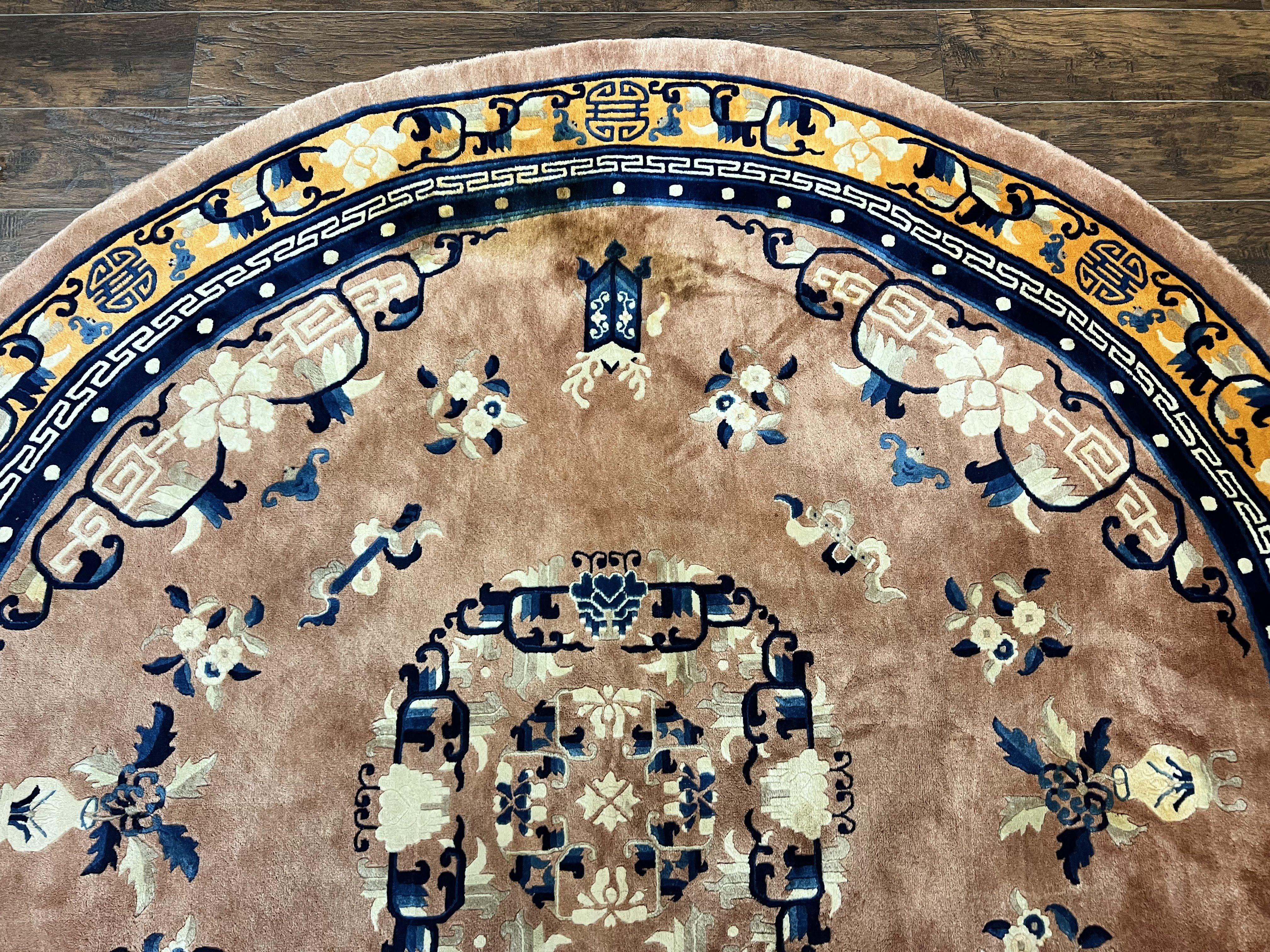 Antique Round Chinese Wool Rug 8x8, Chinese Peking Carpet, Asian Oriental Carpet 8 x 8 ft, Chinese Art Deco Rug, Nichols Rug - Jewel Rugs