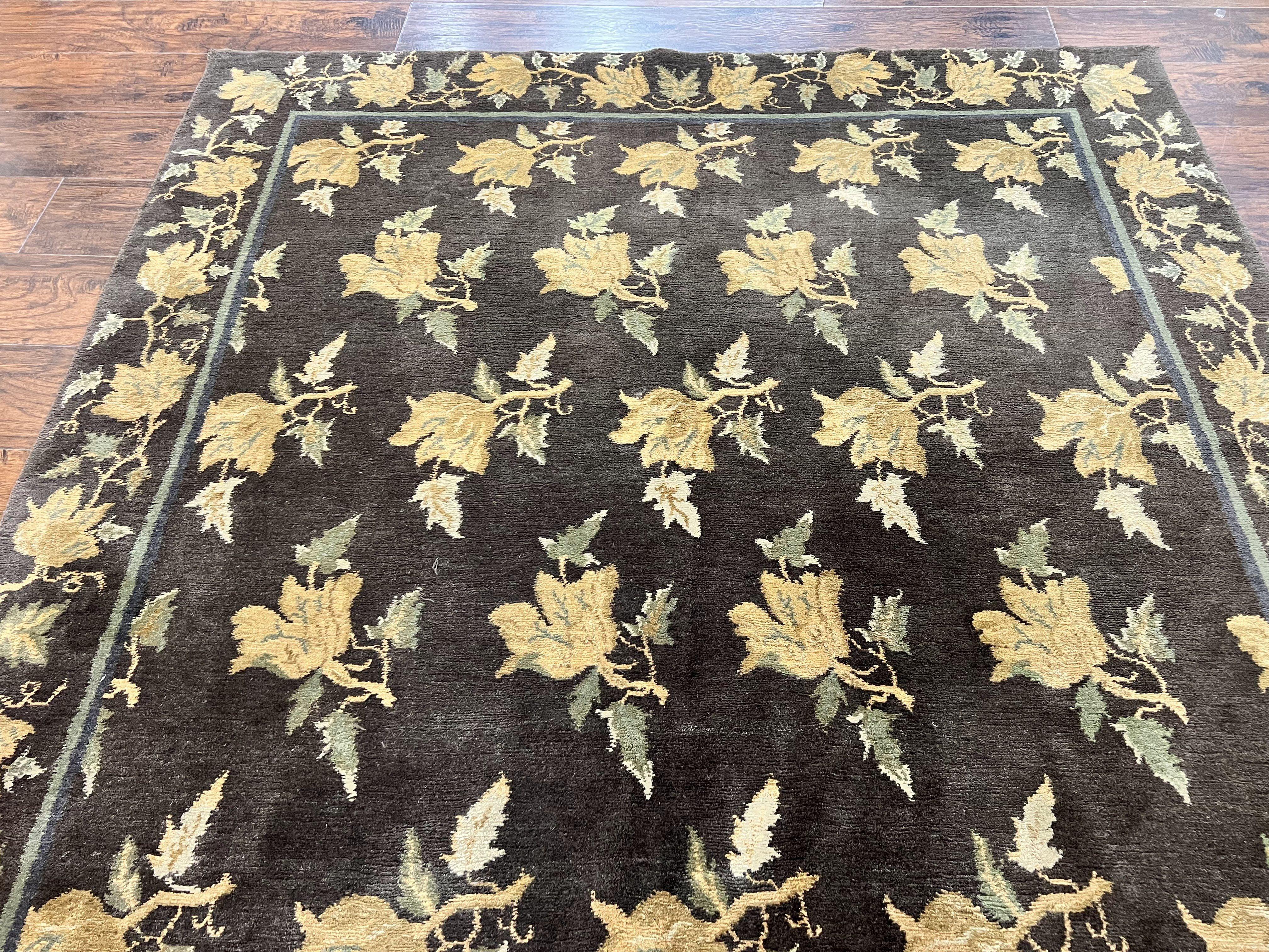 Tibetan Nepal Rug 6x9, Wool Hand Knotted Vintage Carpet 6 x 9, Dark Green & Golden Yellow, Floral Bouquets - Jewel Rugs